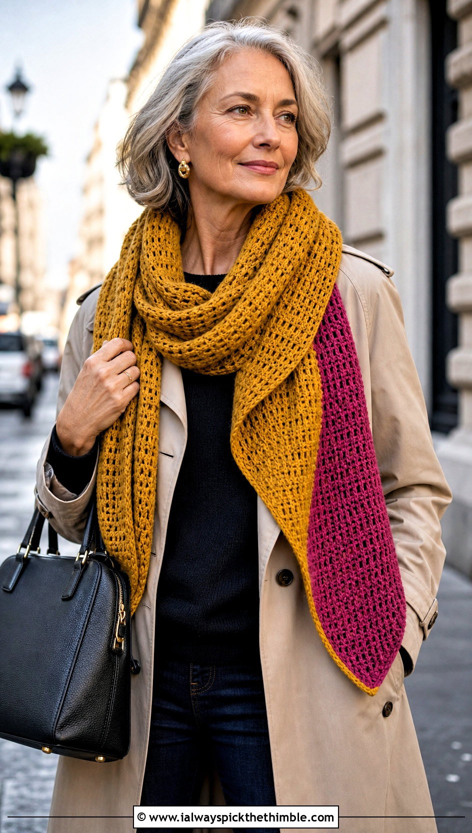 Reversible Block Stitch Crochet Shawl With A Trench Coat - 15 Block Stitch Crochet Shawl outfit ideas