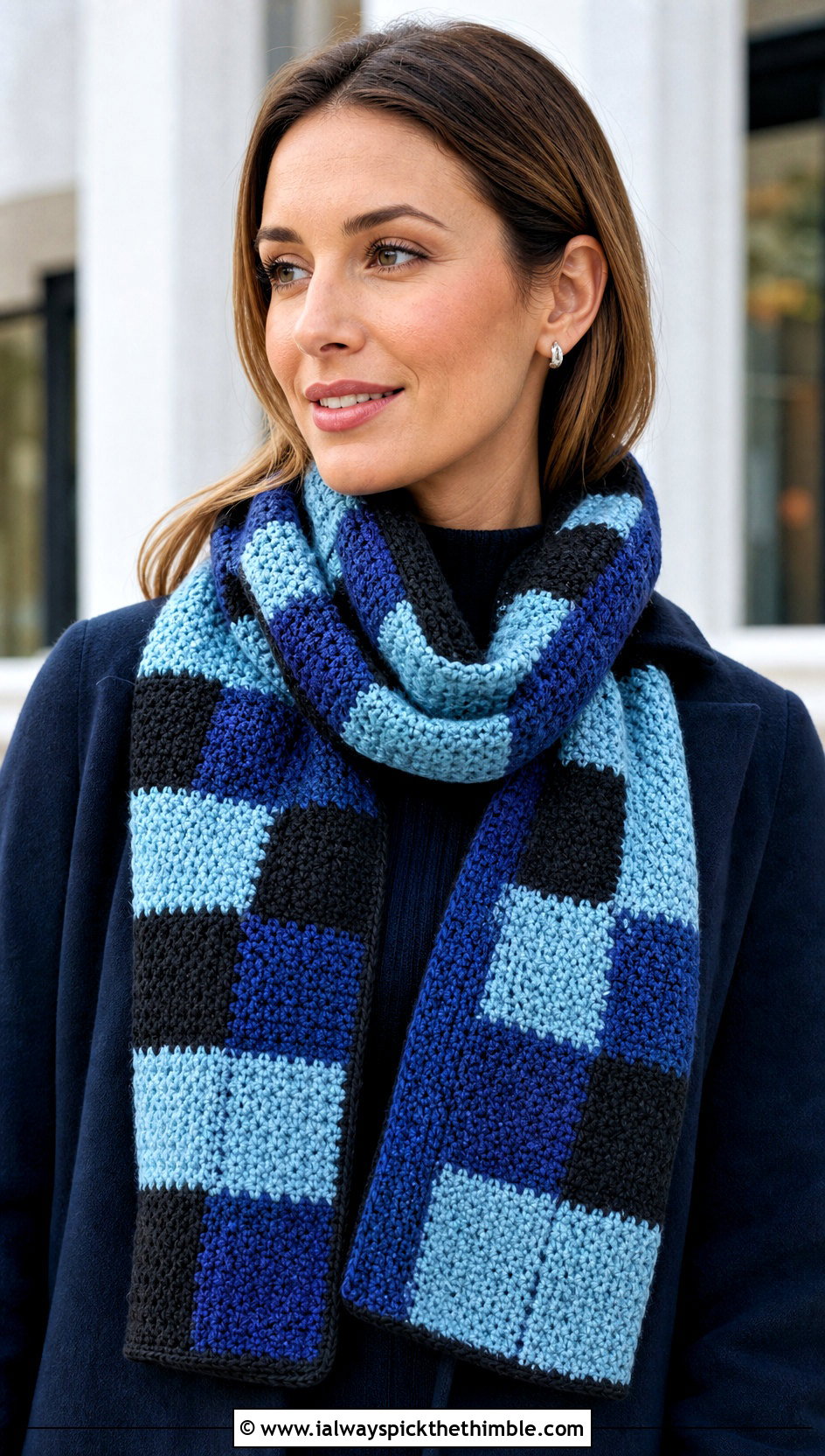 Reversible Buffalo Plaid Crochet Scarf With Monochrome Outfit - 15 buffalo plaid crochet scarf outfit ideas