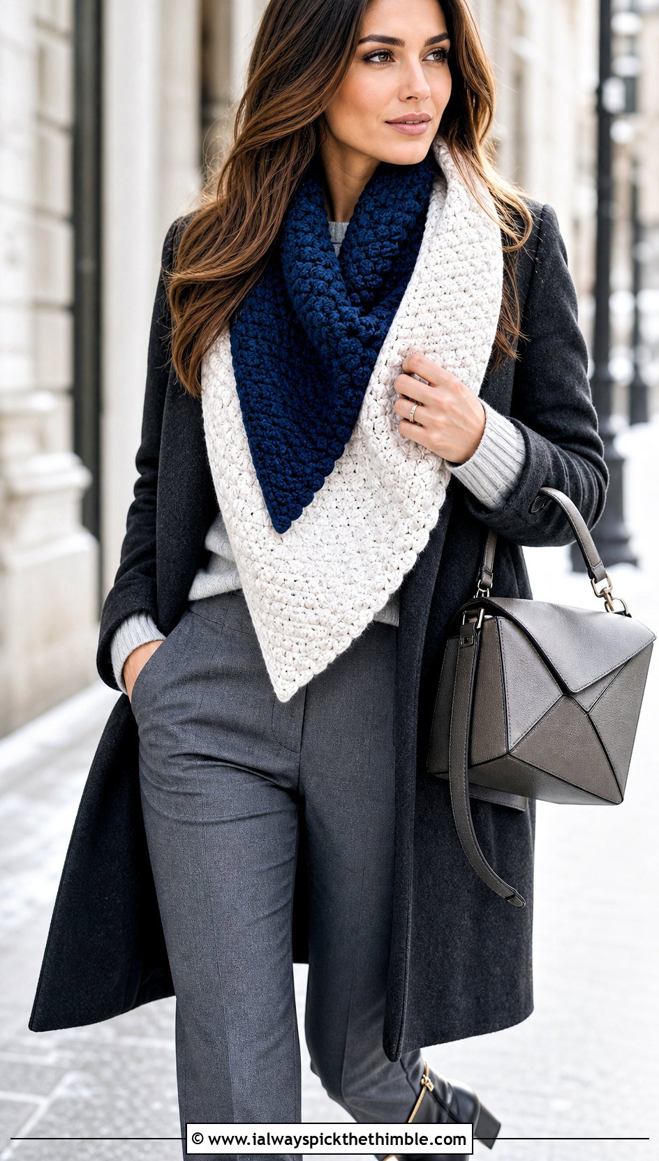 Reversible C2C Scarf With Wool Coat And Monochrome Basics - 25 c2c crochet scarf outfit ideas