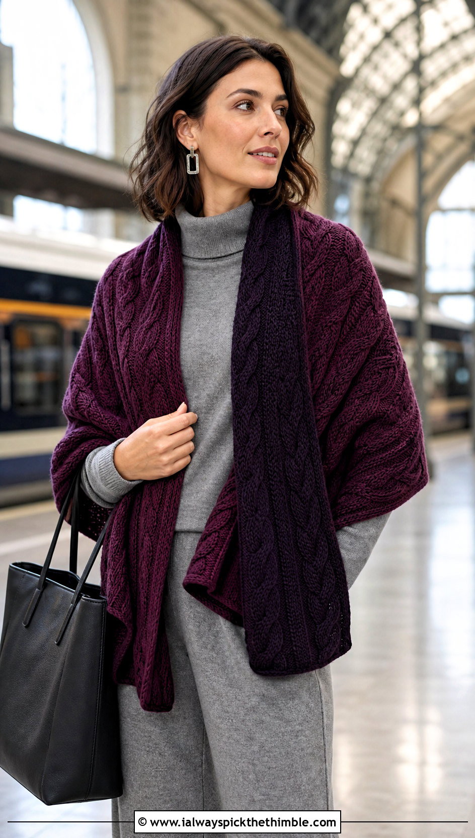 Reversible Cable Wrap With Monochrome Knit Set - 15 Crochet Cable Shawl outfit ideas