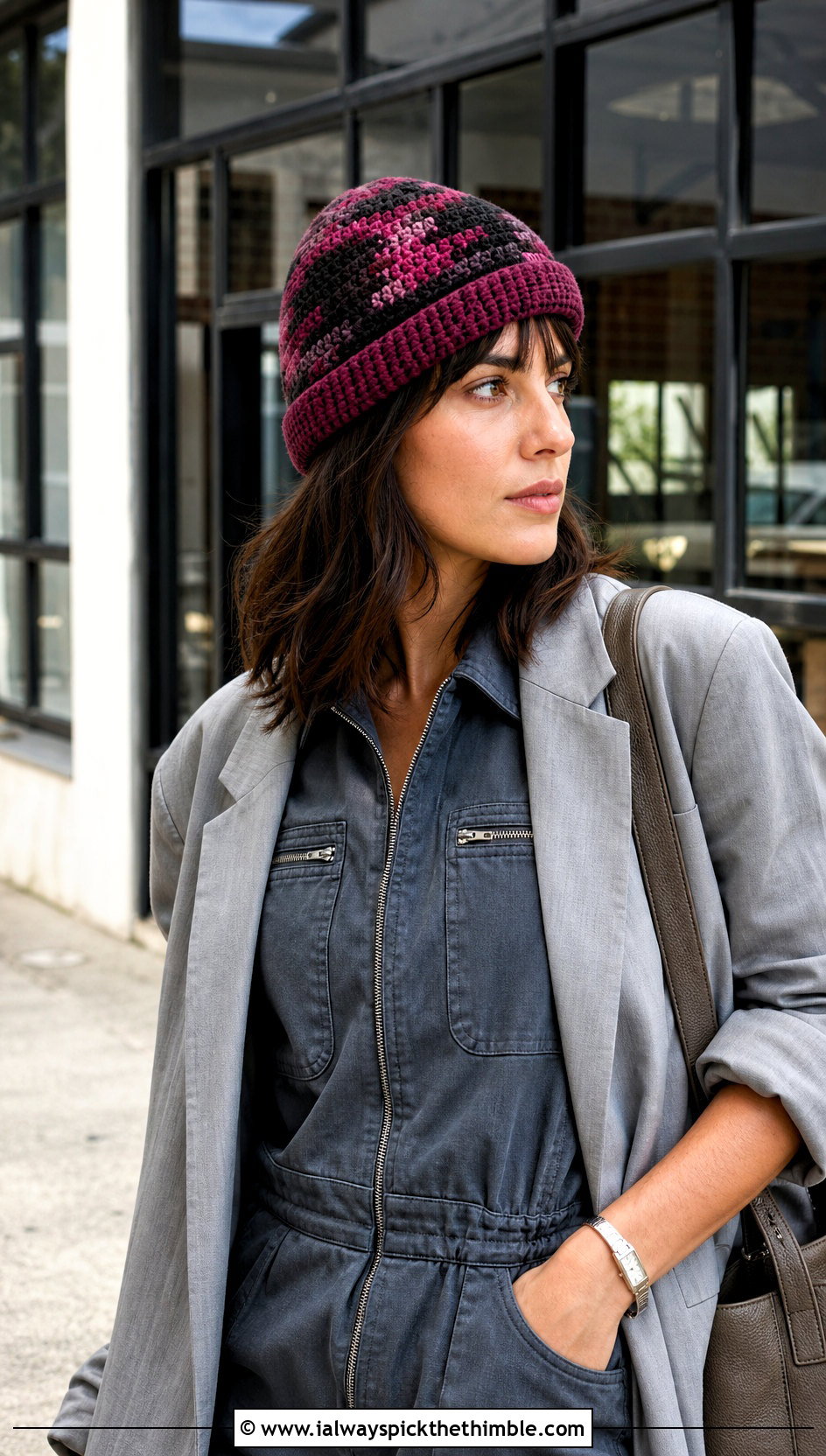 Reversible Camo Crochet Beanie With Utility Jumpsuit And Blazer - 20 Camo Beanie Crochet Hat outfit ideas