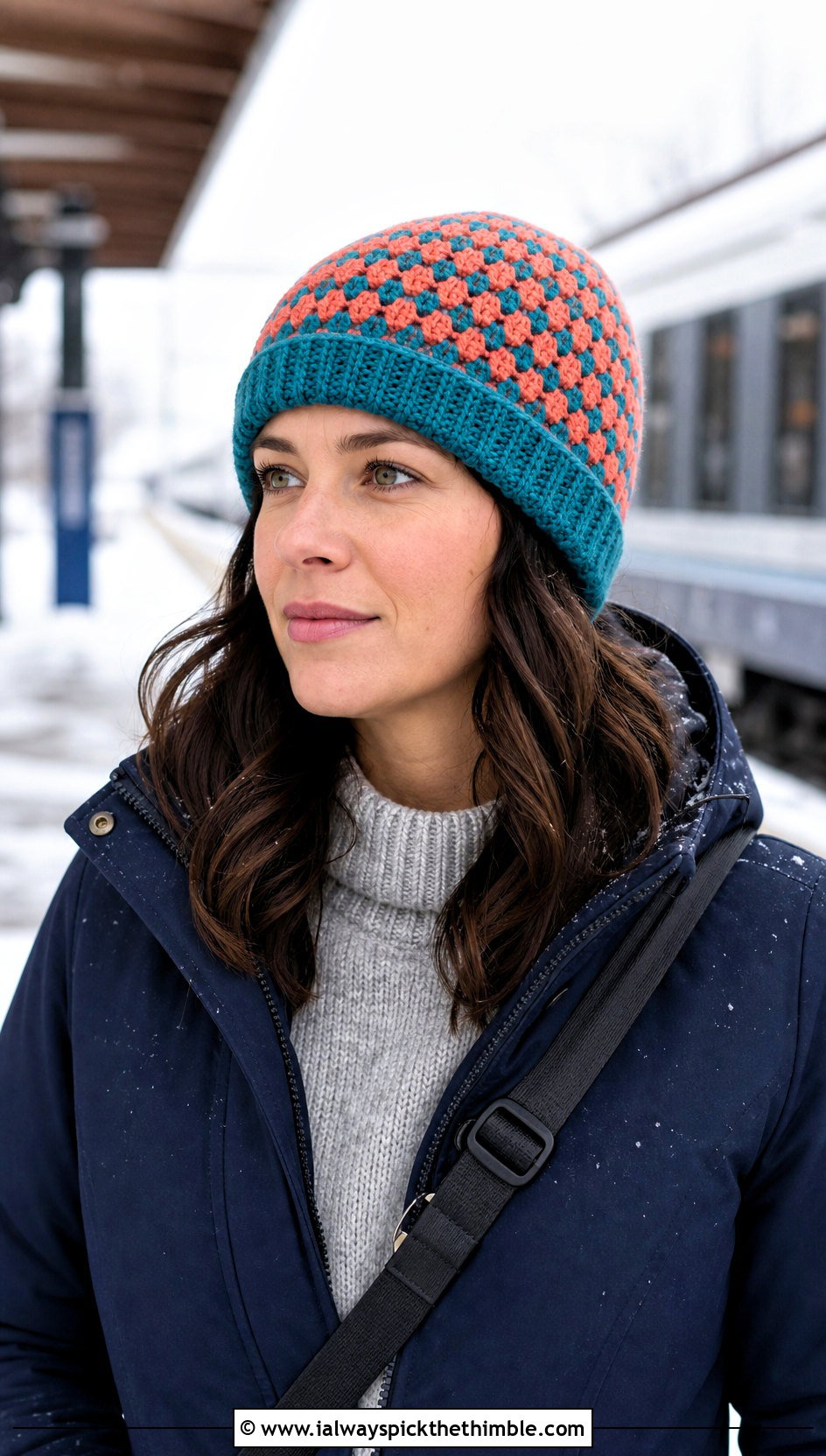 Reversible Checkered Beanie With Parka - 25 crochet checkered beanie outfit ideas