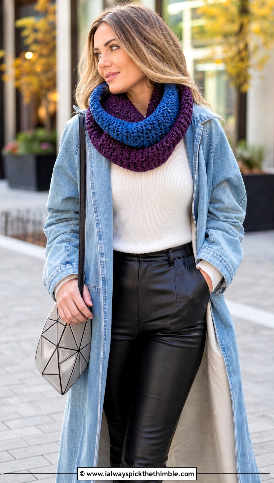 Reversible Color Block Cowl Neck Crochet Scarf With Denim Coat - 20 Cowl Neck Crochet Scarf outfit ideas