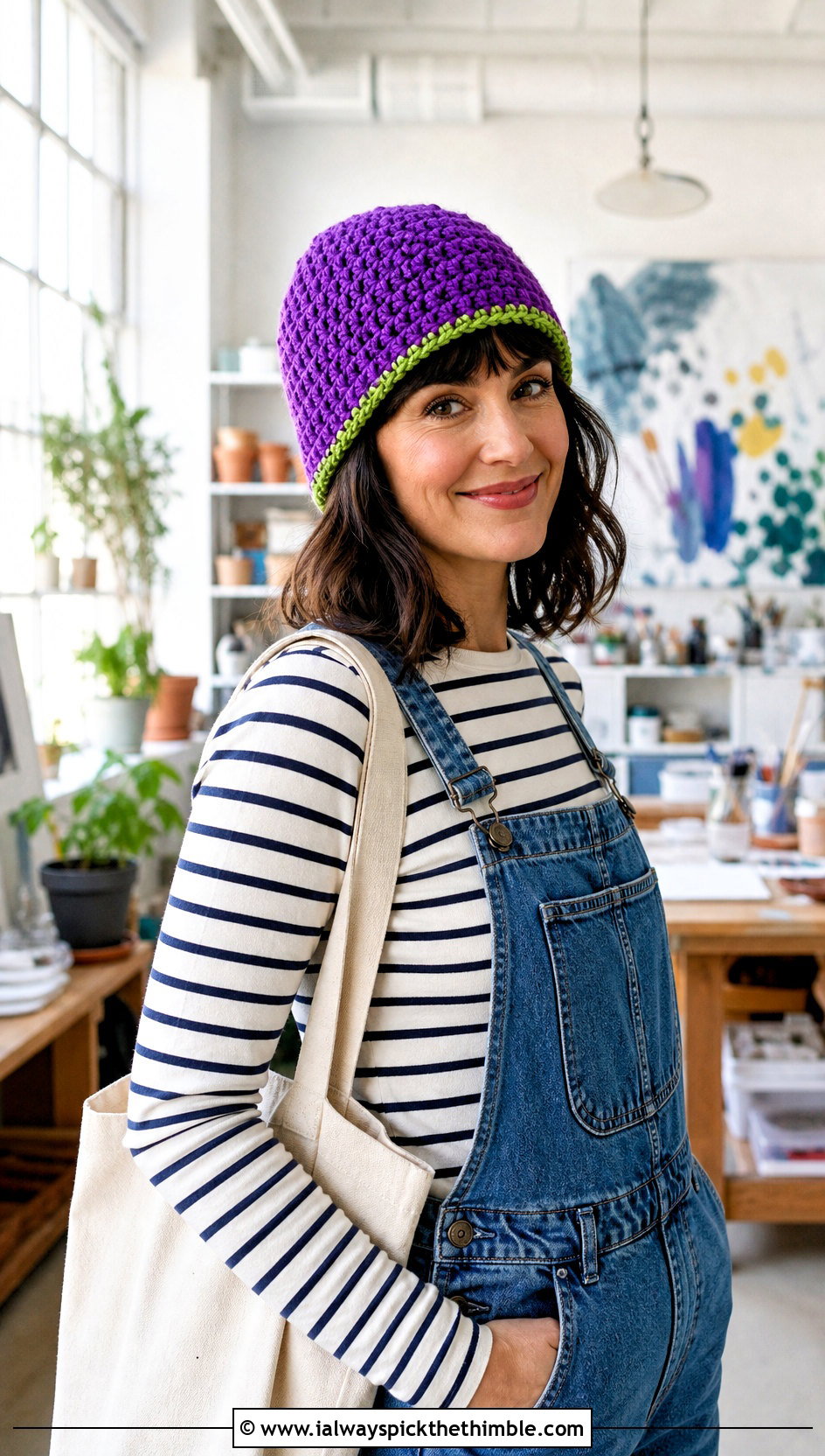 Reversible Crochet Beanie With Denim Overalls And Clogs - 25 cute crochet beanie outfit ideas
