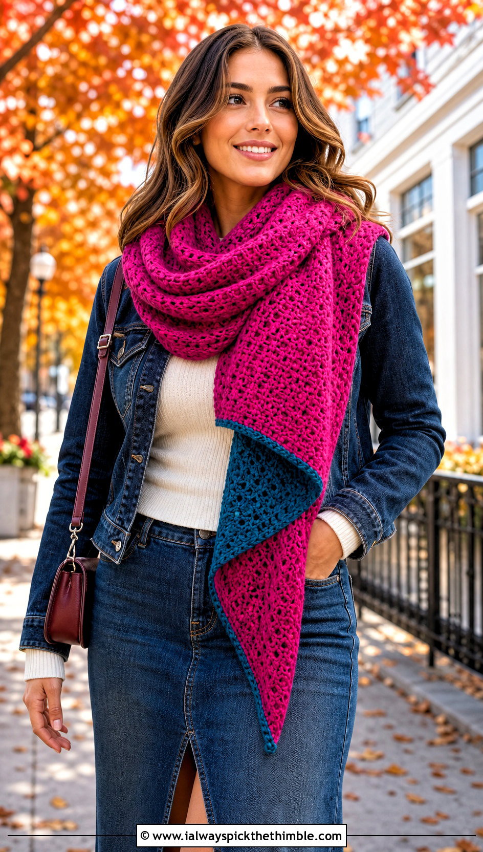 Reversible Crochet Blanket Scarf With Denim Maxi Skirt - 25 crochet blanket scarf outfit ideas