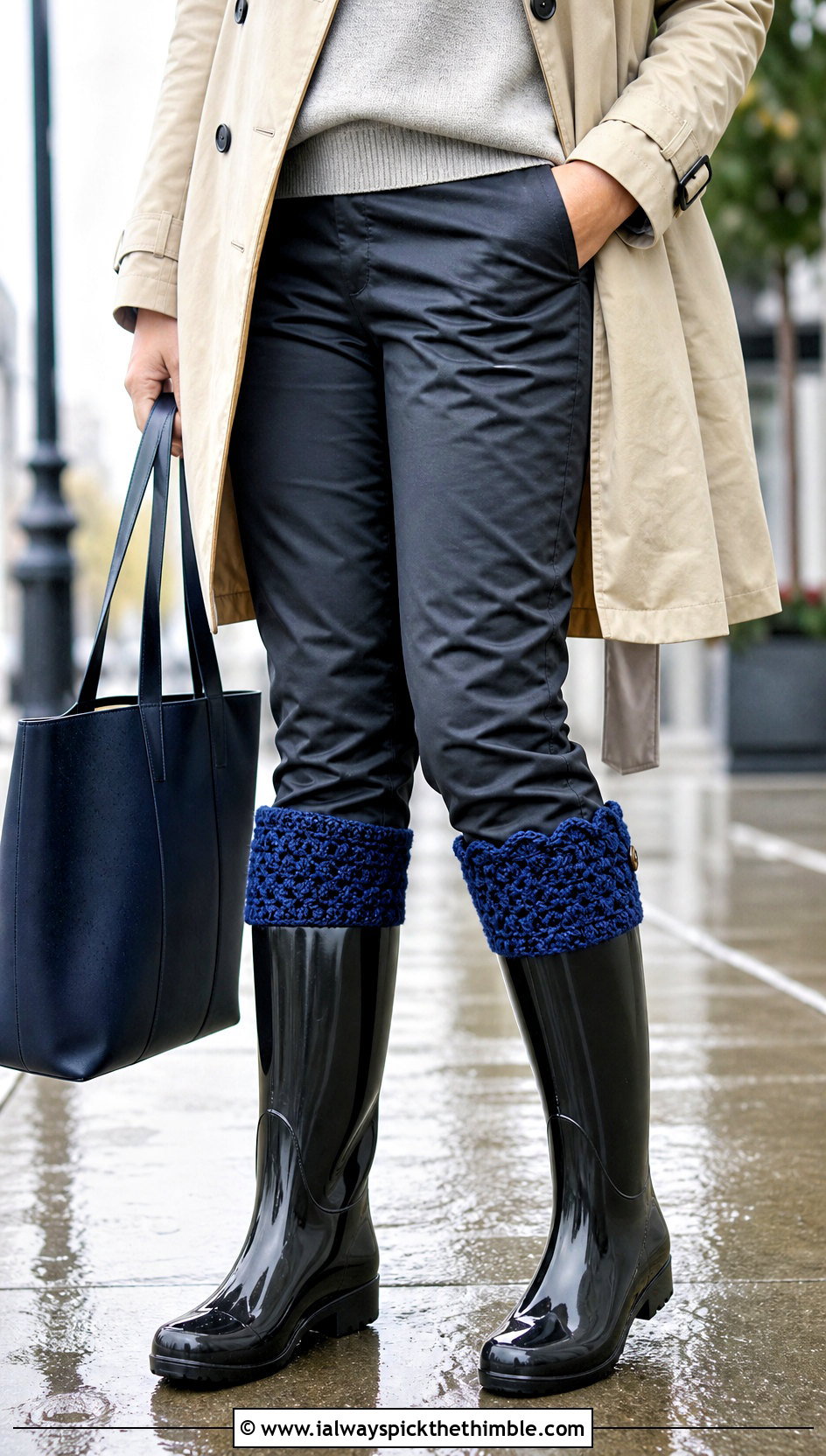 Reversible Crochet Boot Cuffs With Trench Coat And Rain Boots - 20 crochet boot cuff outfit ideas