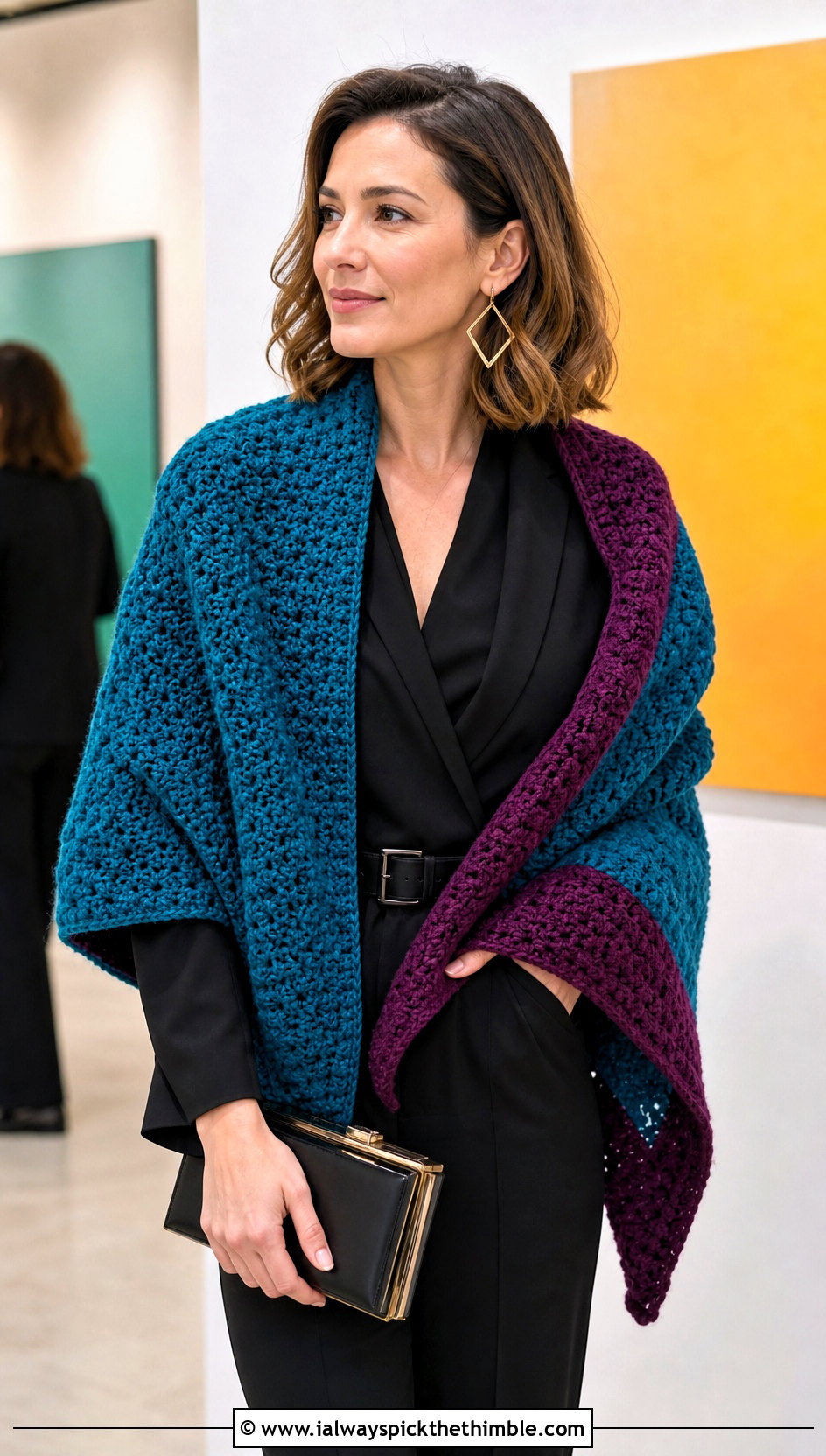 Reversible Crochet Chunky Shawl With Jumpsuit - 20 Crochet Chunky Shawl outfit ideas
