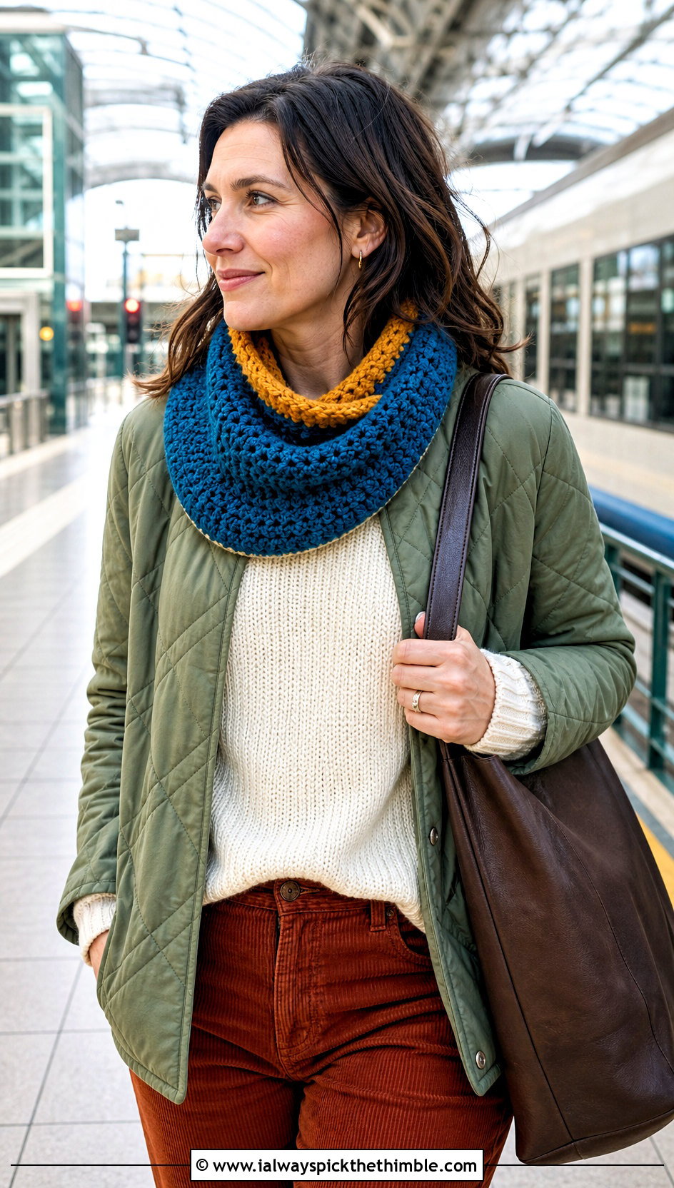 Reversible Crochet Cowl With Quilted Jacket And Corduroy Pants - 25 crochet neck warmer cowls outfit ideas