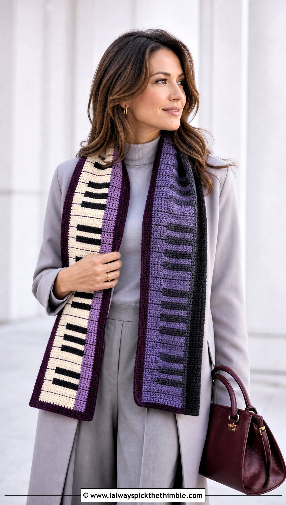 Reversible Crochet Piano Scarf With Monochrome Outfit - 25 crochet piano scarf outfit ideas