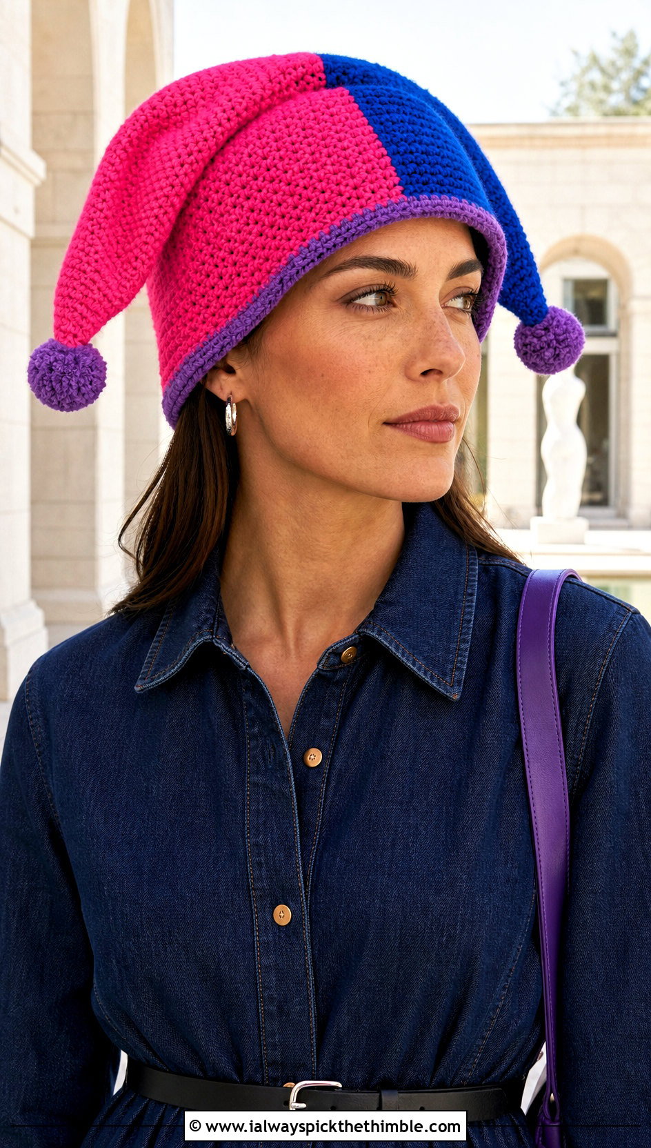 Reversible Crochet Pomni Hat With Denim Dress - 25 Crochet Pomni Hat outfit ideas