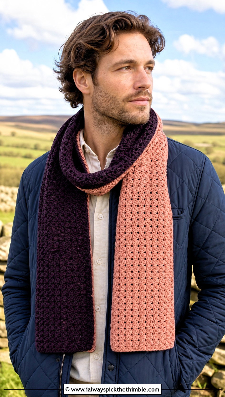 Reversible Crochet Scarf With Quilted Jacket - 25 men crochet scarf outfit ideas