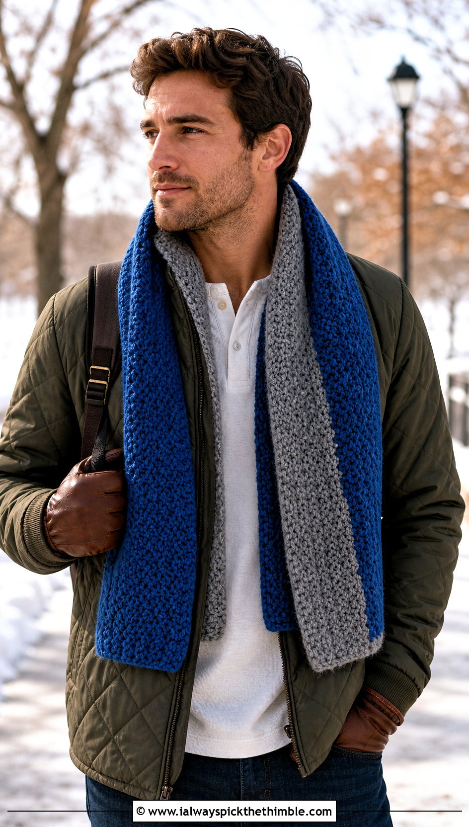 Reversible Crochet Scarf With Quilted Jacket - 20 Mens Winter Crochet Scarf outfit ideas