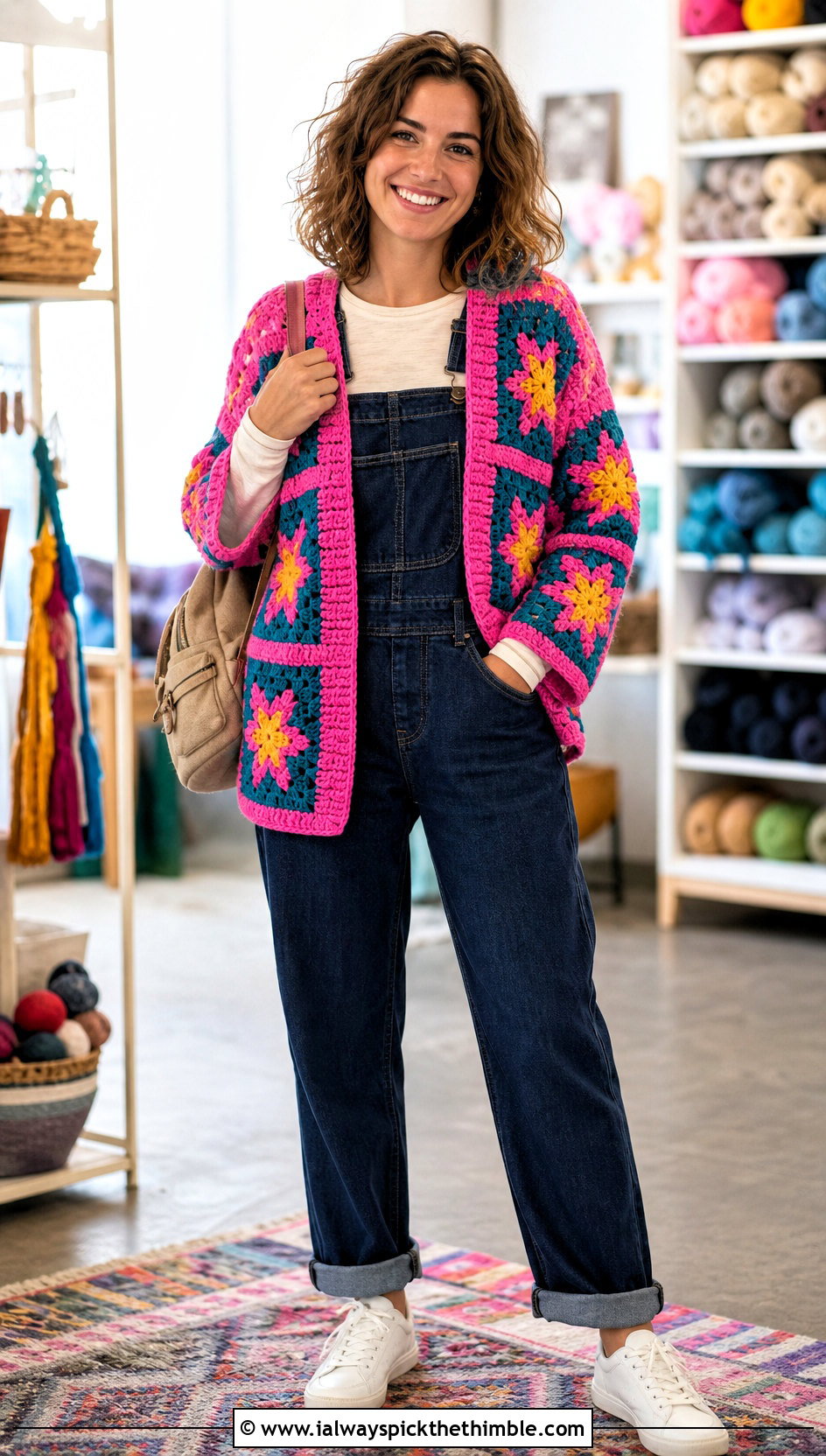 Reversible Crochet Star Granny Square Cardigan With Overalls - 20 Crochet Star Granny Square Cardigan outfit ideas