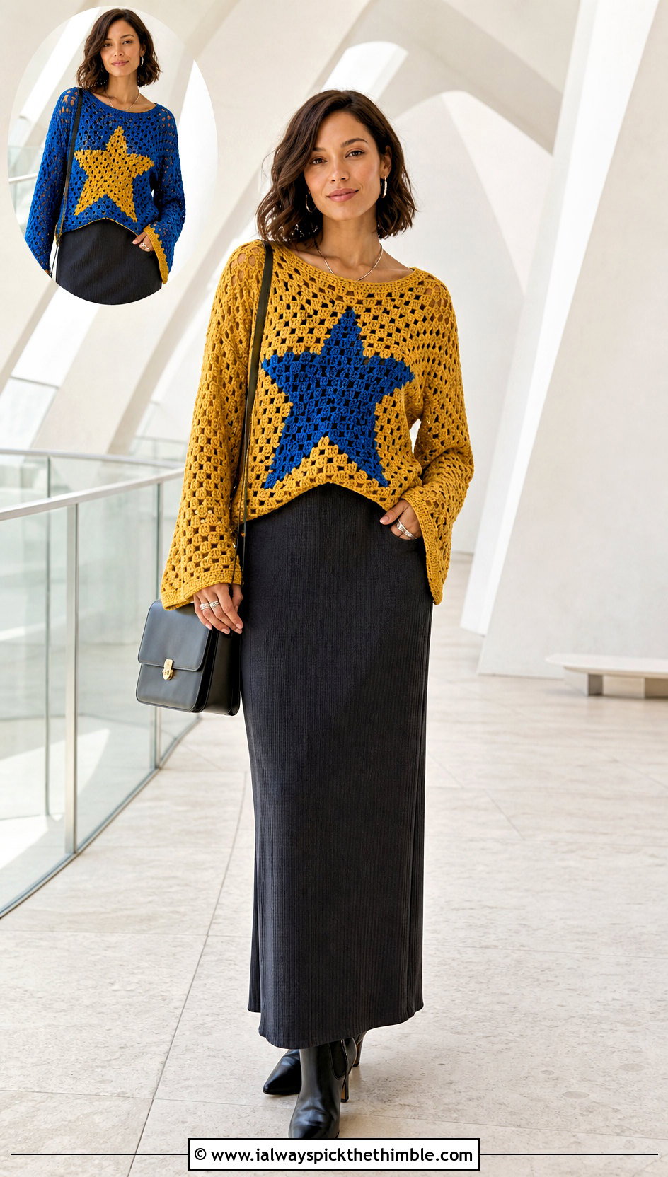 Reversible Crochet Star Sweater With Column Dress - 25 crochet star sweater outfit ideas