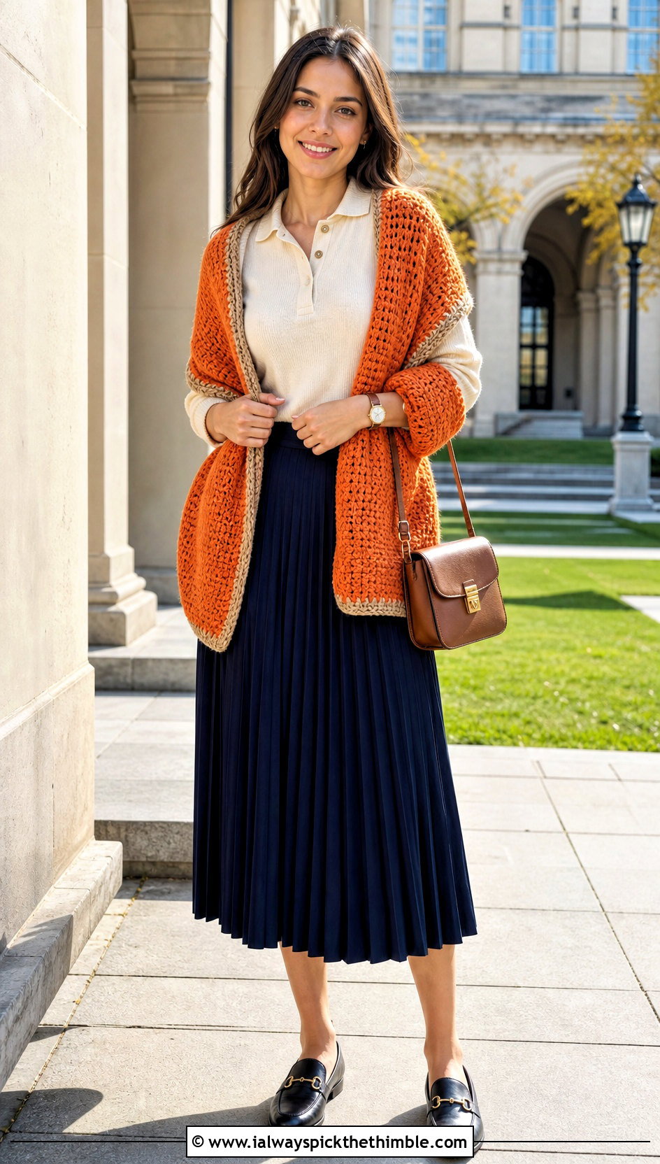 Reversible Crochet Sweater Scarf With Pleated Midi Skirt - 20 crochet sweater scarf with sleeves outfit ideas