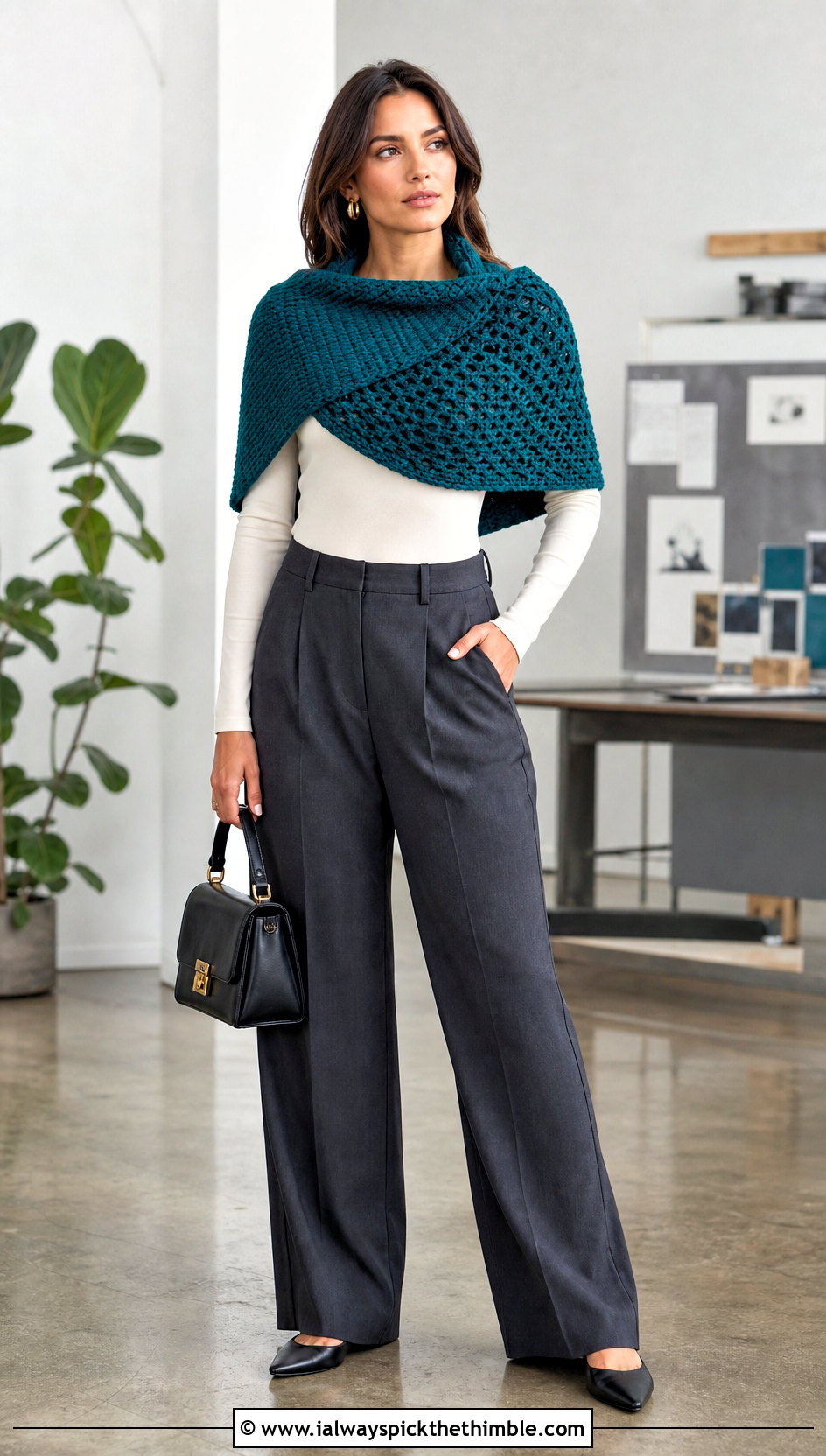 Reversible Crochet Sweater Wrap With Wide Leg Trousers - 20 crochet sweater wrap outfit ideas