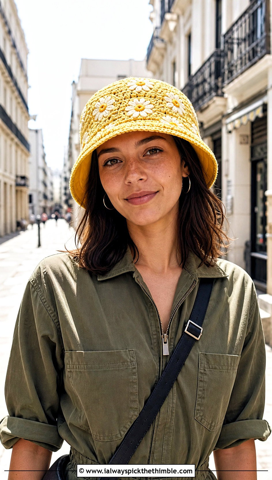 Reversible Daisy Crochet Bucket Hat With Utility Jumpsuit - 20 daisy crochet bucket hat outfit ideas