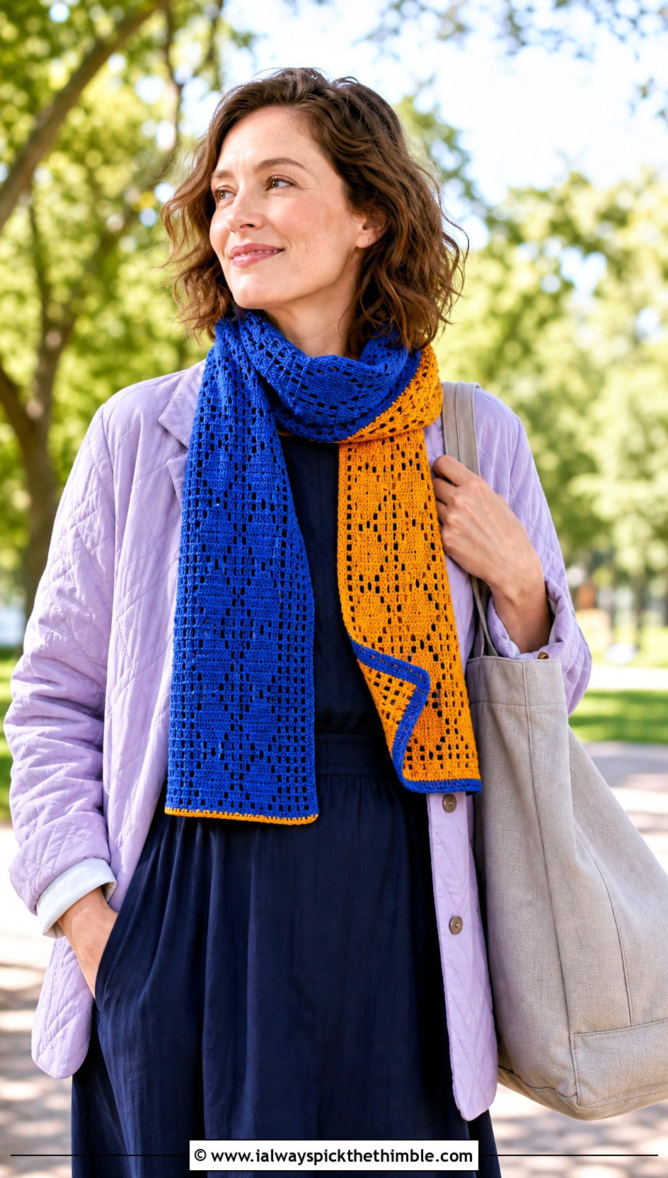 Reversible Filet Crochet Scarf With A Quilted Jacket And Midi Dress - 25 filet crochet scarf outfit ideas