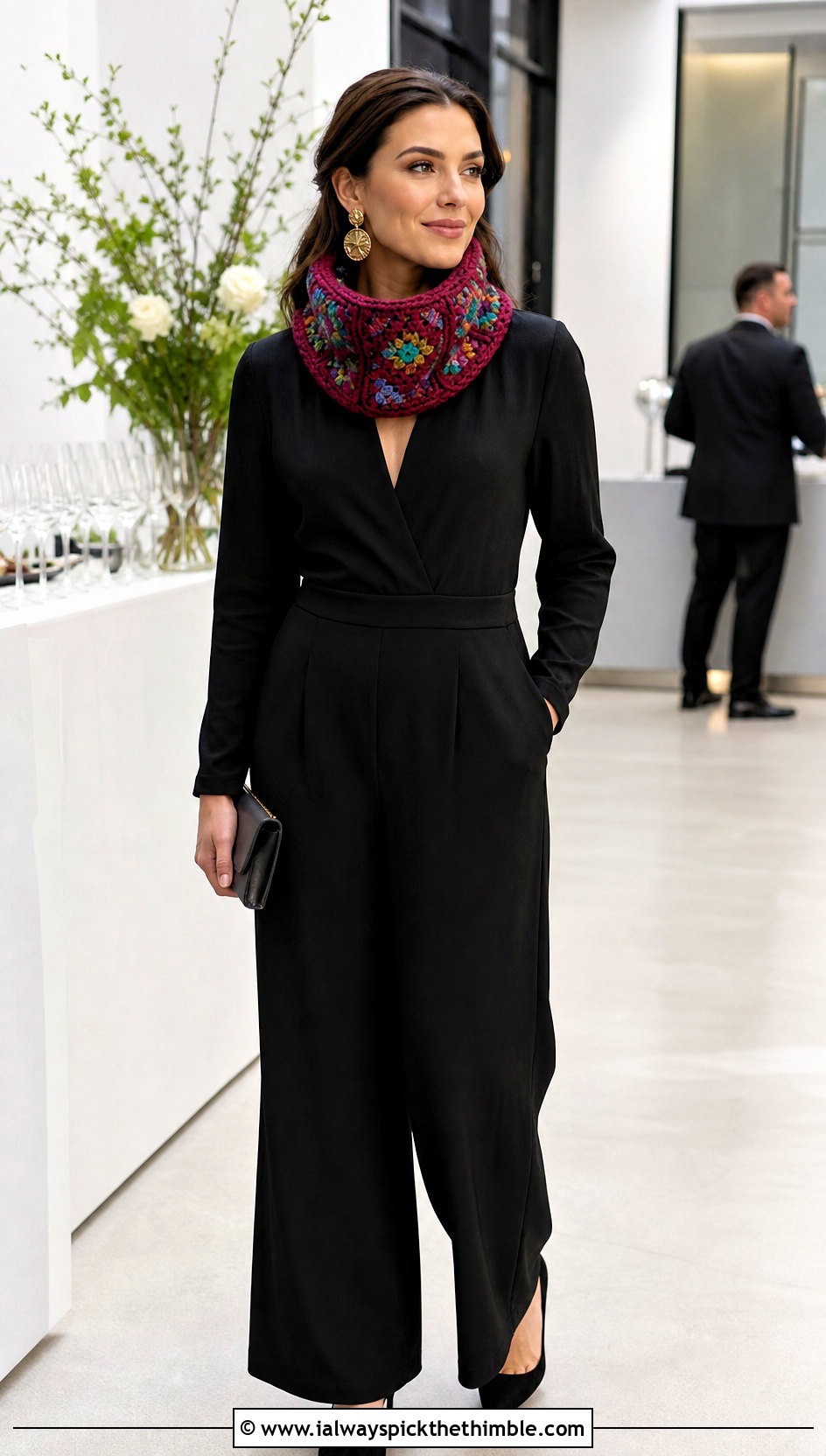 Reversible Granny Square Cowl With Evening Jumpsuit - 20 Granny Square Cowl outfit ideas