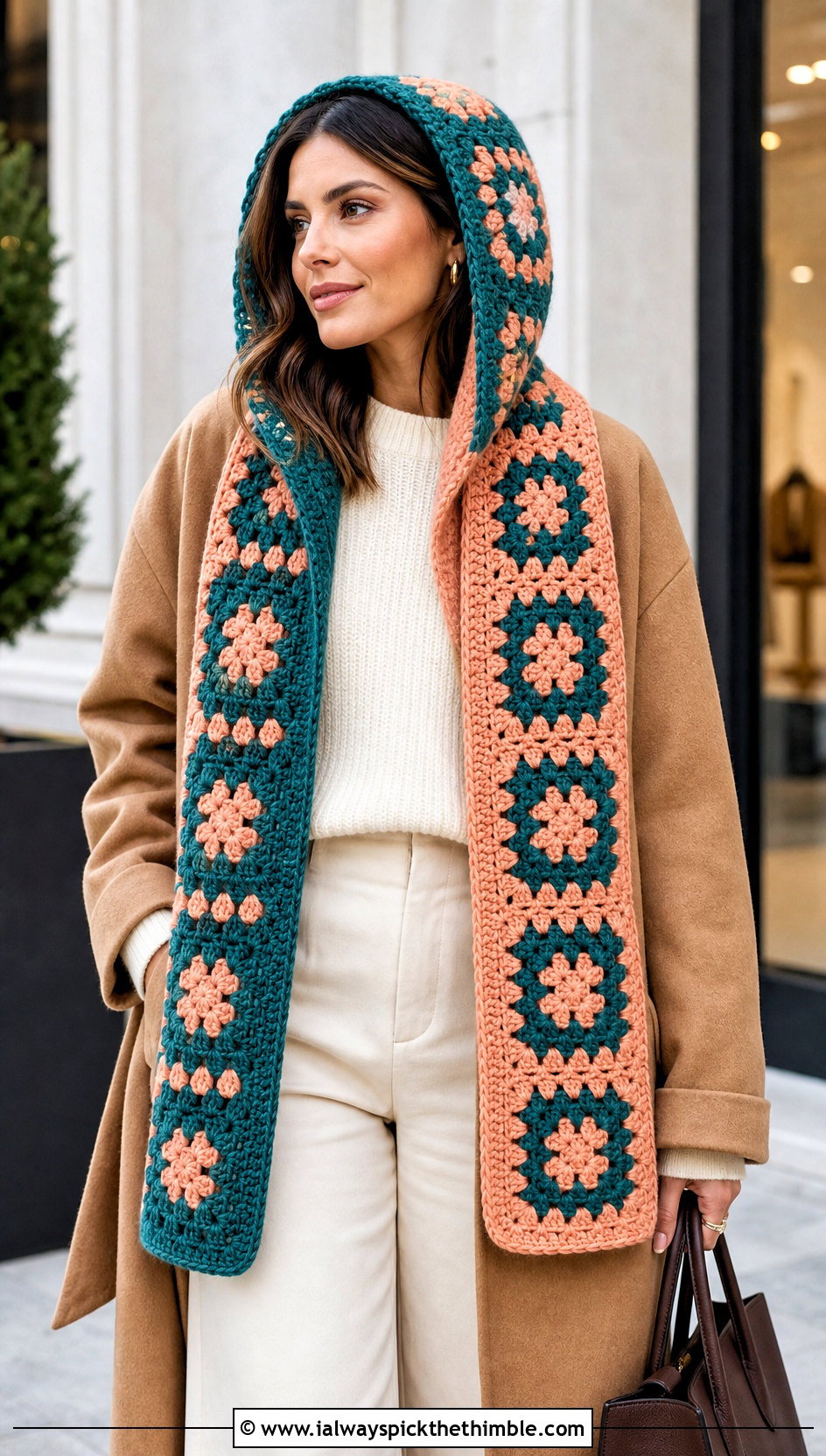 Reversible Granny Square Crochet Hooded Scarf With Monochrome Outfit - 20 Granny Square Crochet Hooded Scarf outfit ideas