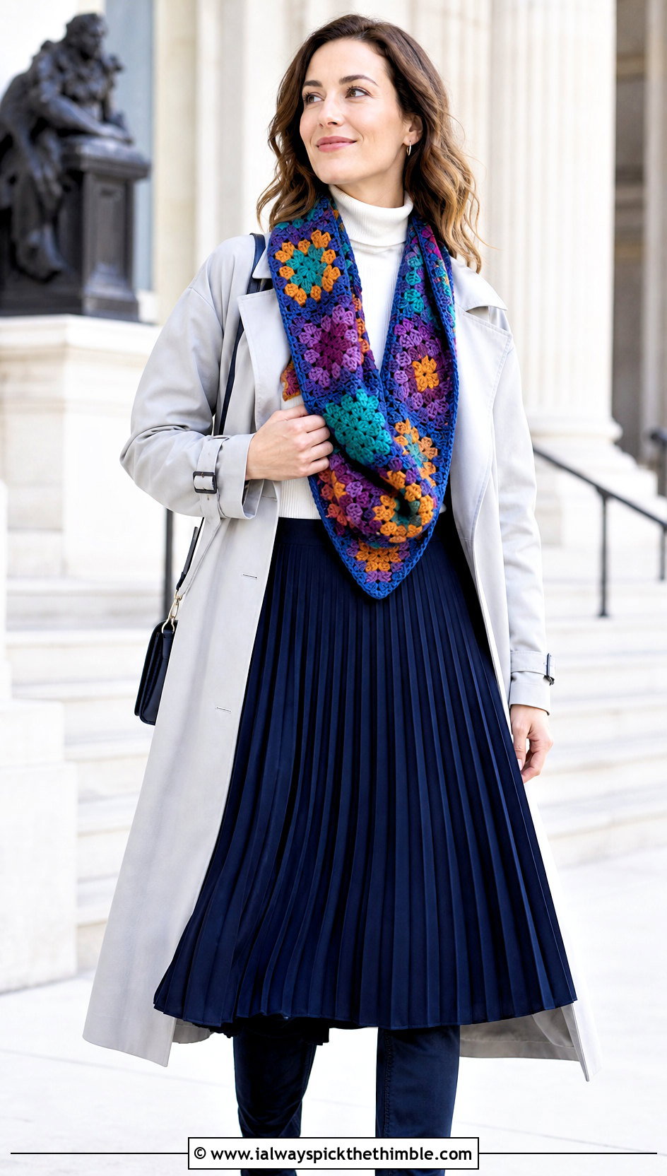 Reversible Granny Square Crossbody Crochet Cowl With Trench Coat - 15 Crossbody Crochet Cowl outfit ideas