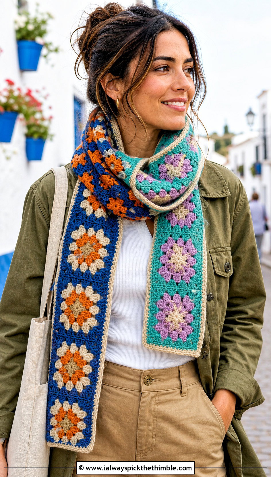 Reversible Granny Square Scarf With Utility Jacket And Chinos - 25 granny crochet scarf outfit ideas