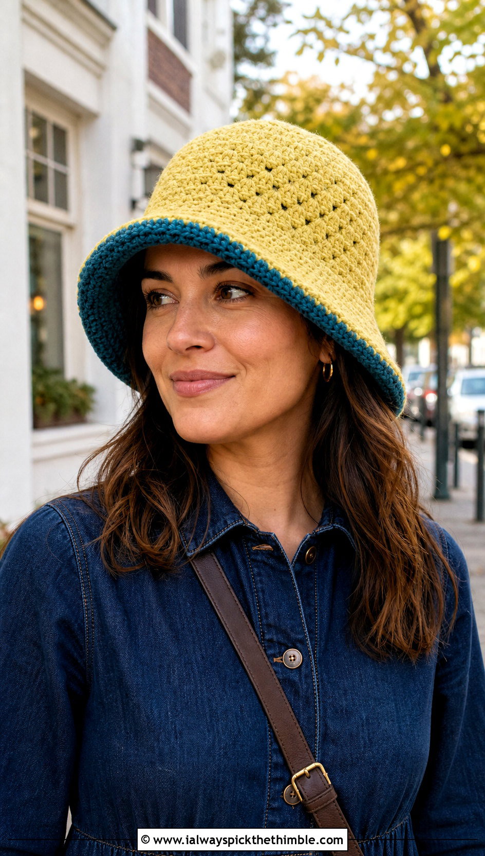 Reversible Granny Stitch Bucket Hat With Denim Dress And Boots - 20 crochet granny stitch bucket hat outfit ideas