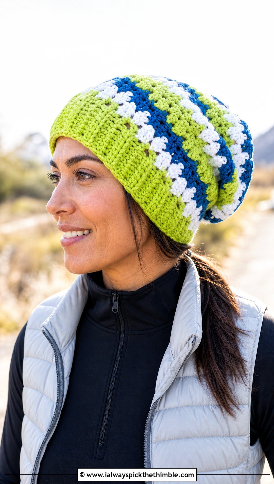 Reversible Granny Stripe Slouchy Crochet Beanie With Puffer Vest - 15 Reversible Crochet Beanie outfit ideas