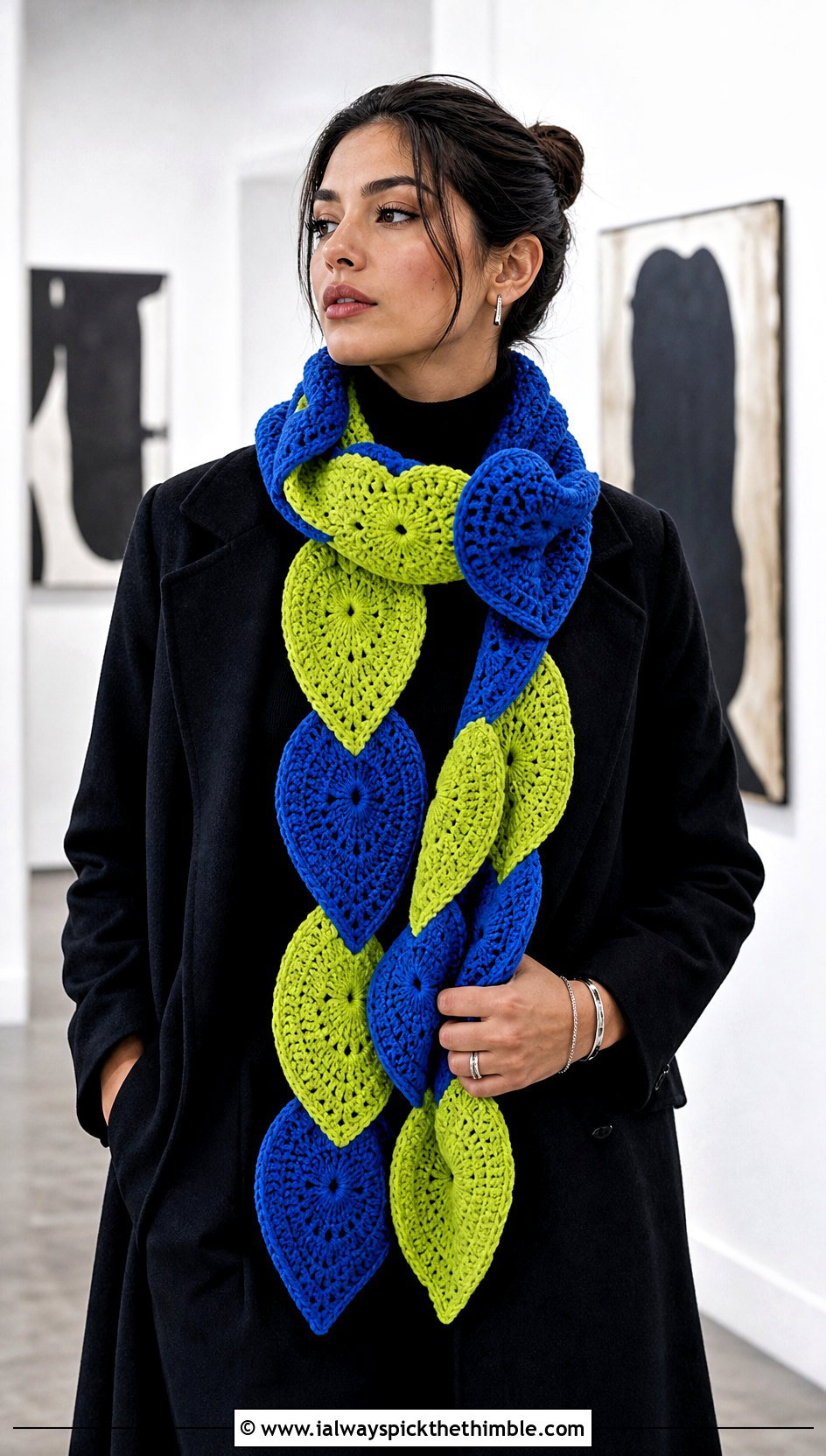 Reversible Heart Scarf With Monochrome Outfit - 20 crochet heart scarf outfit ideas