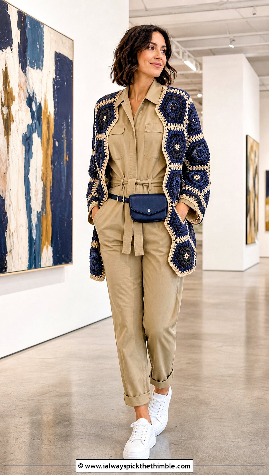 Reversible Hexagon Granny Square Cardigan With Utility Jumpsuit - 25 hexagon granny square sweater outfit ideas
