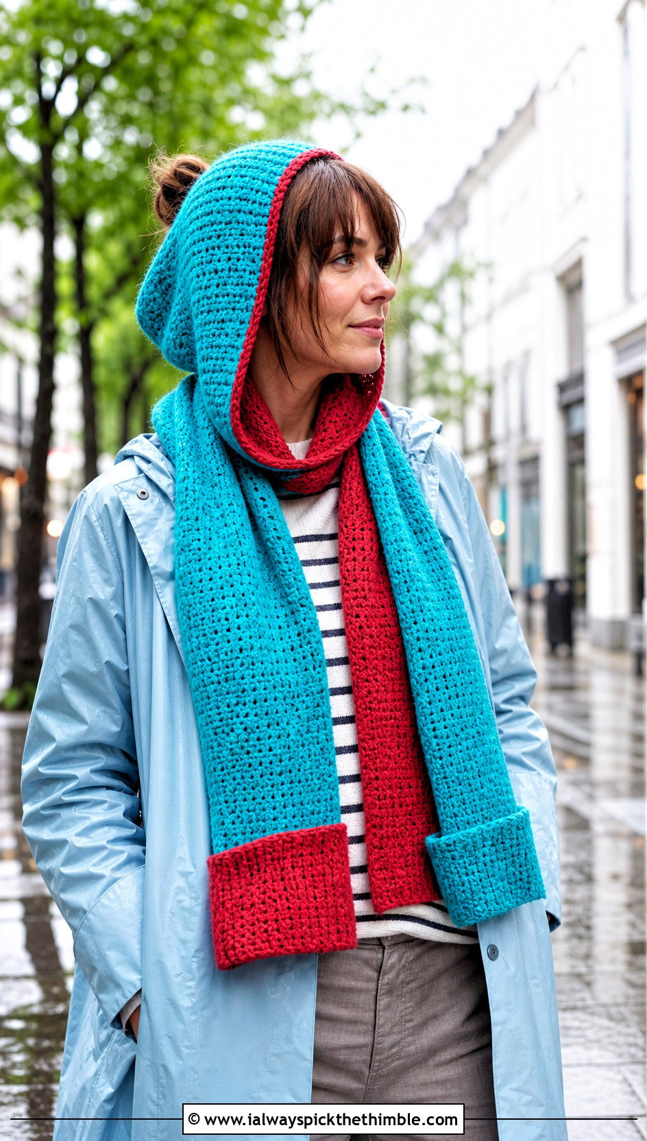 Reversible Hooded Scarf With Raincoat And Chelsea Boots - 25 crochet hooded scarf outfit ideas