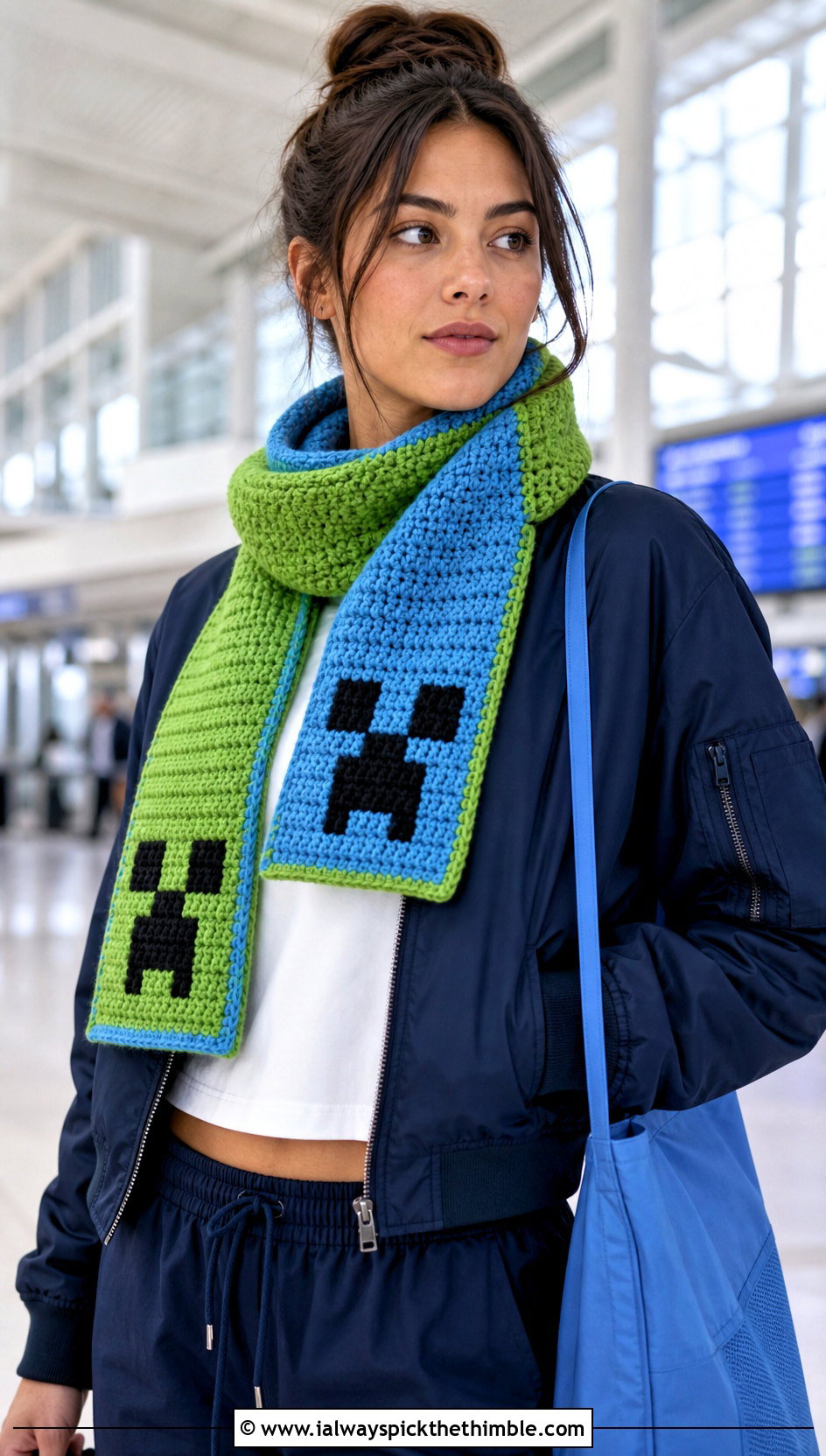 Reversible Minecraft Creeper Crochet Scarf With Bomber Jacket And Leggings - 15 minecraft creeper crochet scarf outfit ideas