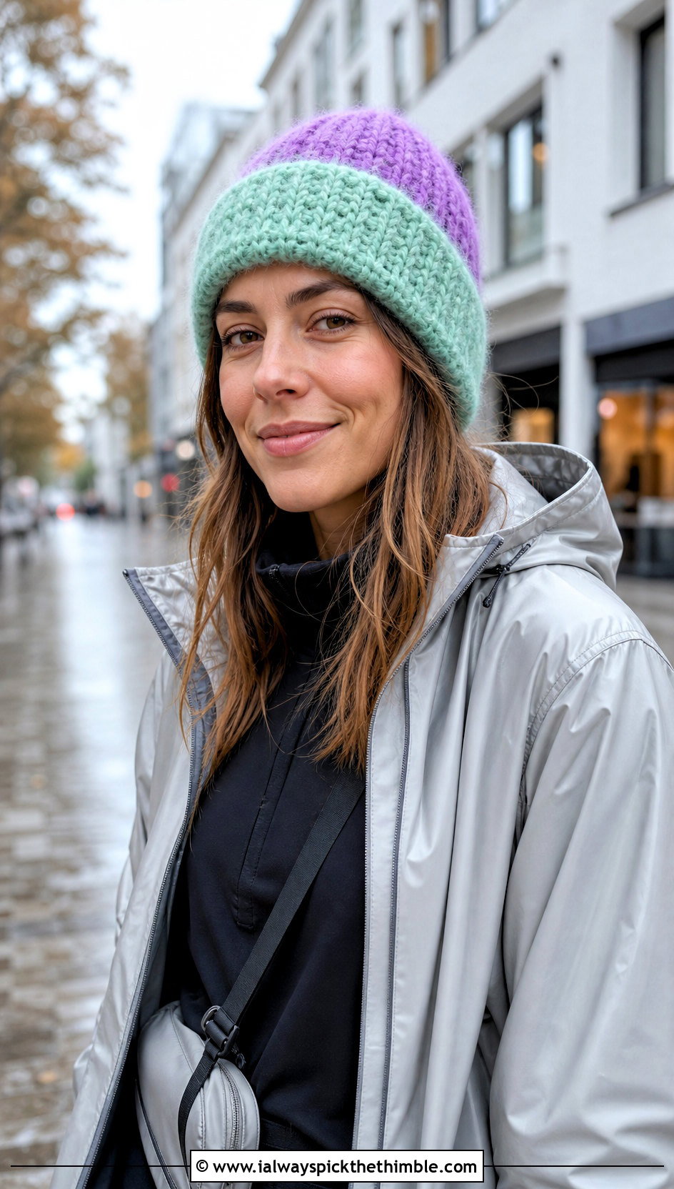 Reversible Mohair Crochet Beanie With Raincoat And Technical Pants - 25 mohair crochet beanie outfit ideas