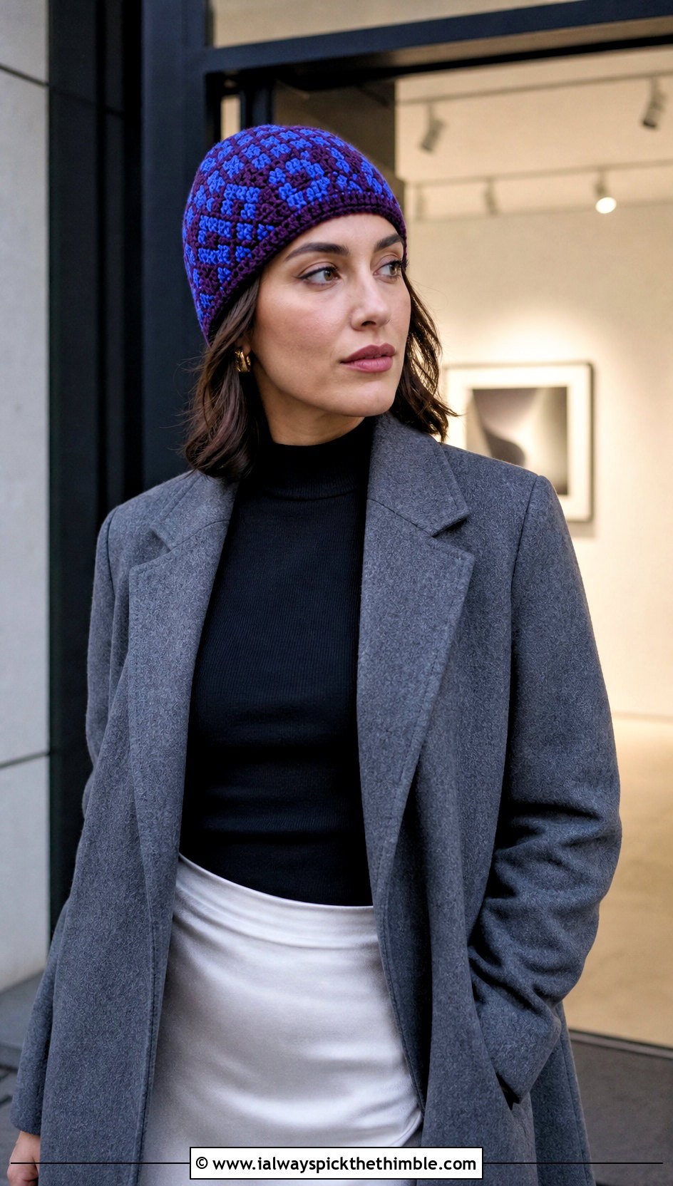 Reversible Mosaic Crochet Beanie With Satin Skirt And Coat - 15 Reversible Crochet Beanie outfit ideas