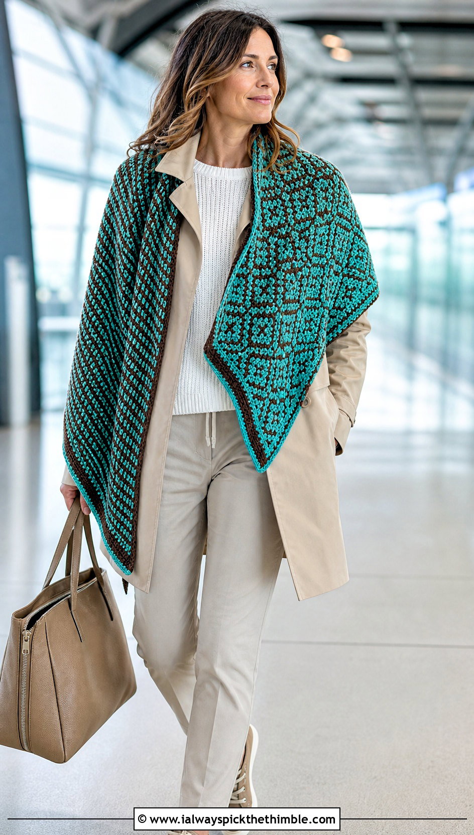 Reversible Mosaic Crochet Shawl With Trench Coat And Travel Pants - 20 mosaic crochet shawl outfit ideas
