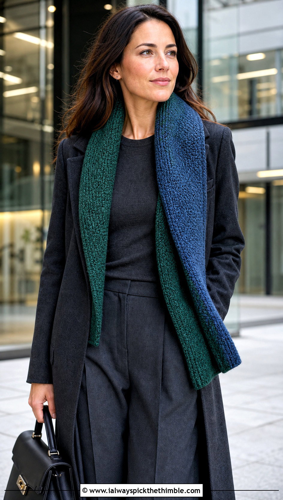 Reversible Moss Stitch Scarf With A Monochrome Work Outfit - 25 crochet moss stitch scarf outfit ideas