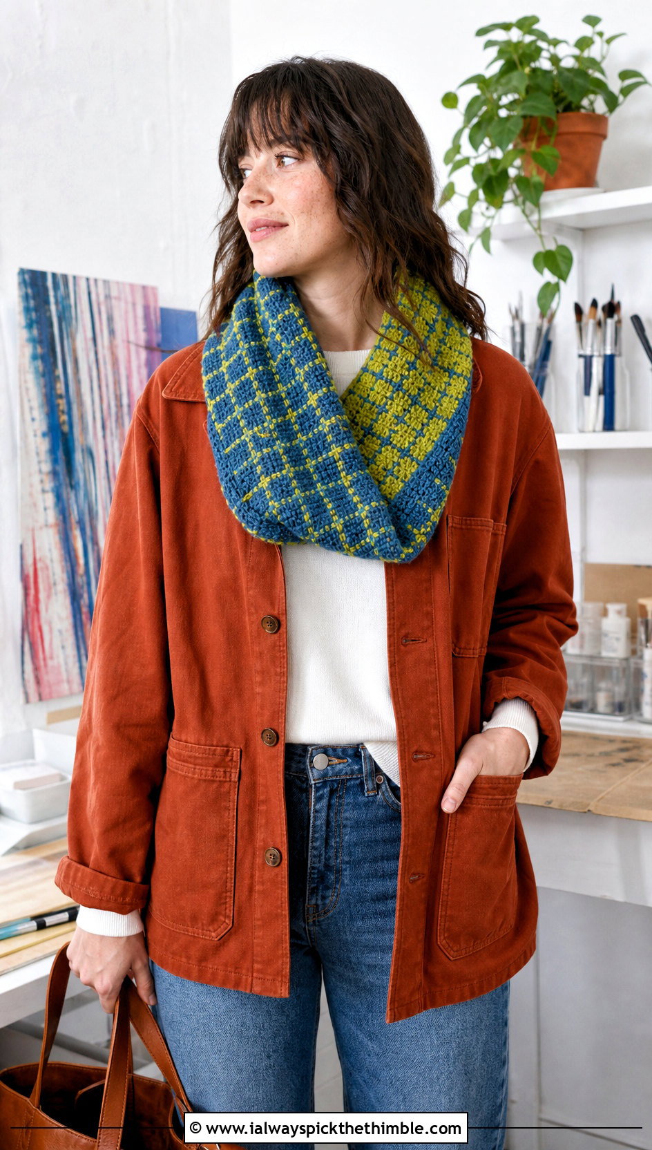 Reversible Plaid Crocheted Cowl With Chore Jacket - 20 Crocheted Cowl outfit ideas