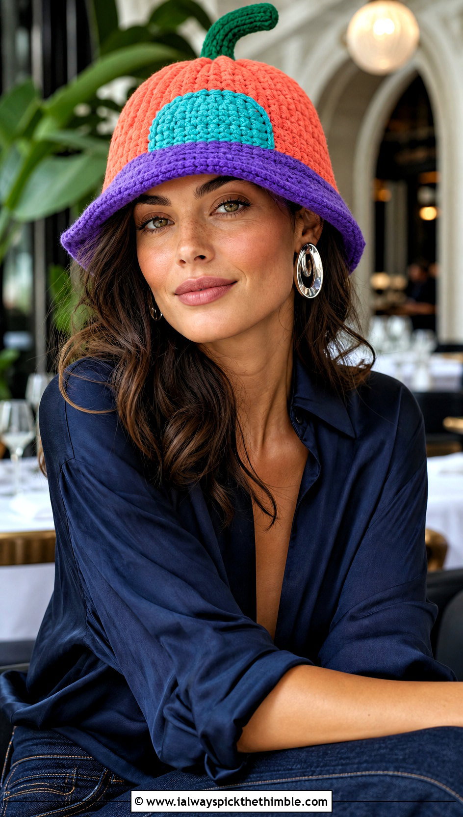 Reversible Pumpkin Bucket Hat With Satin Blouse And Jeans - 20 crochet pumpkin bucket hat outfit ideas