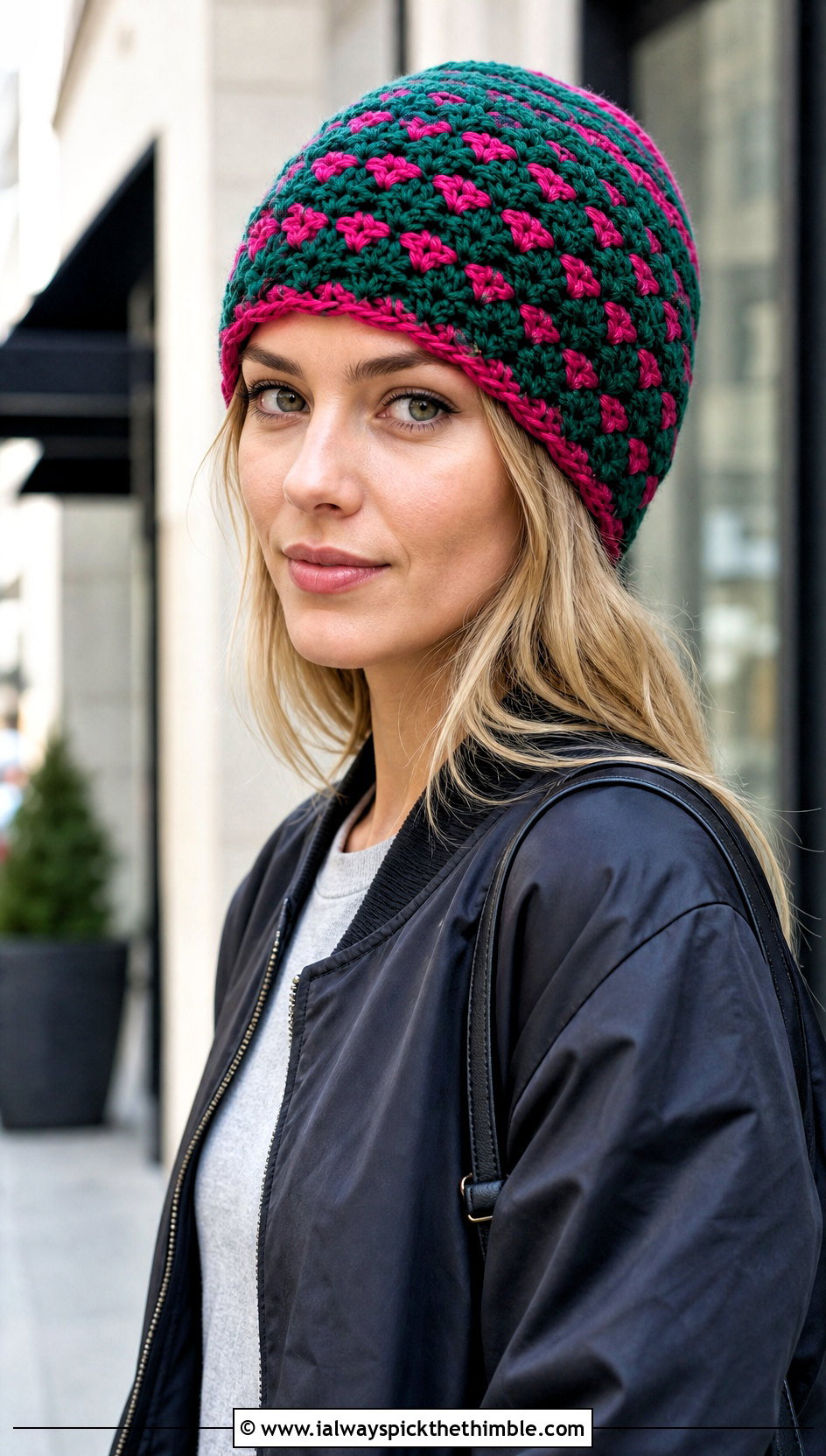 Reversible Shell Stitch Crochet Beanie With Bomber Jacket And Skirt - 15 Reversible Crochet Beanie outfit ideas