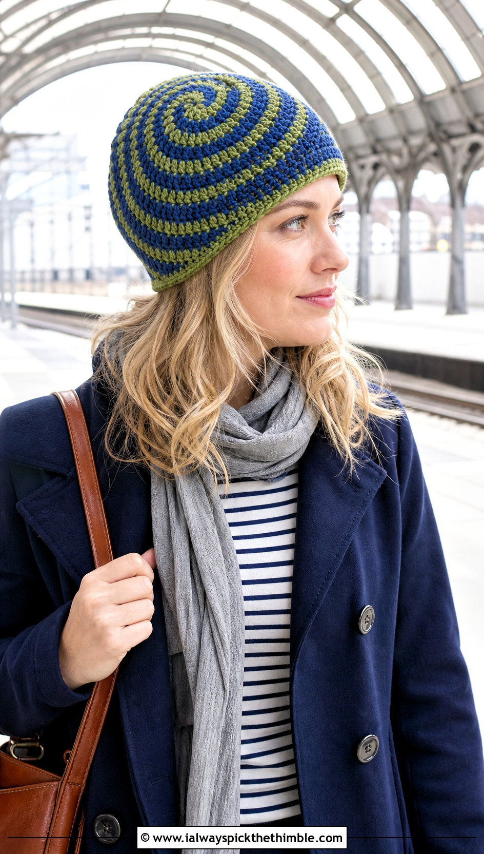 Reversible Spiral Stitch Crochet Beanie With Peacoat And Pleated Pants - 15 Reversible Crochet Beanie outfit ideas