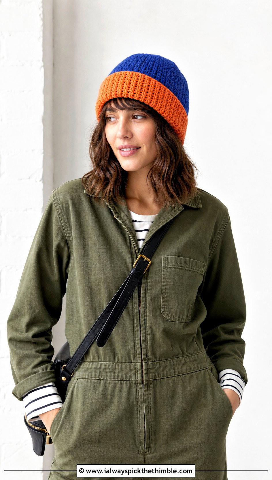 Reversible Split Color Crochet Beanie With Utility Jumpsuit - 15 Split Color Crochet Beanie outfit ideas