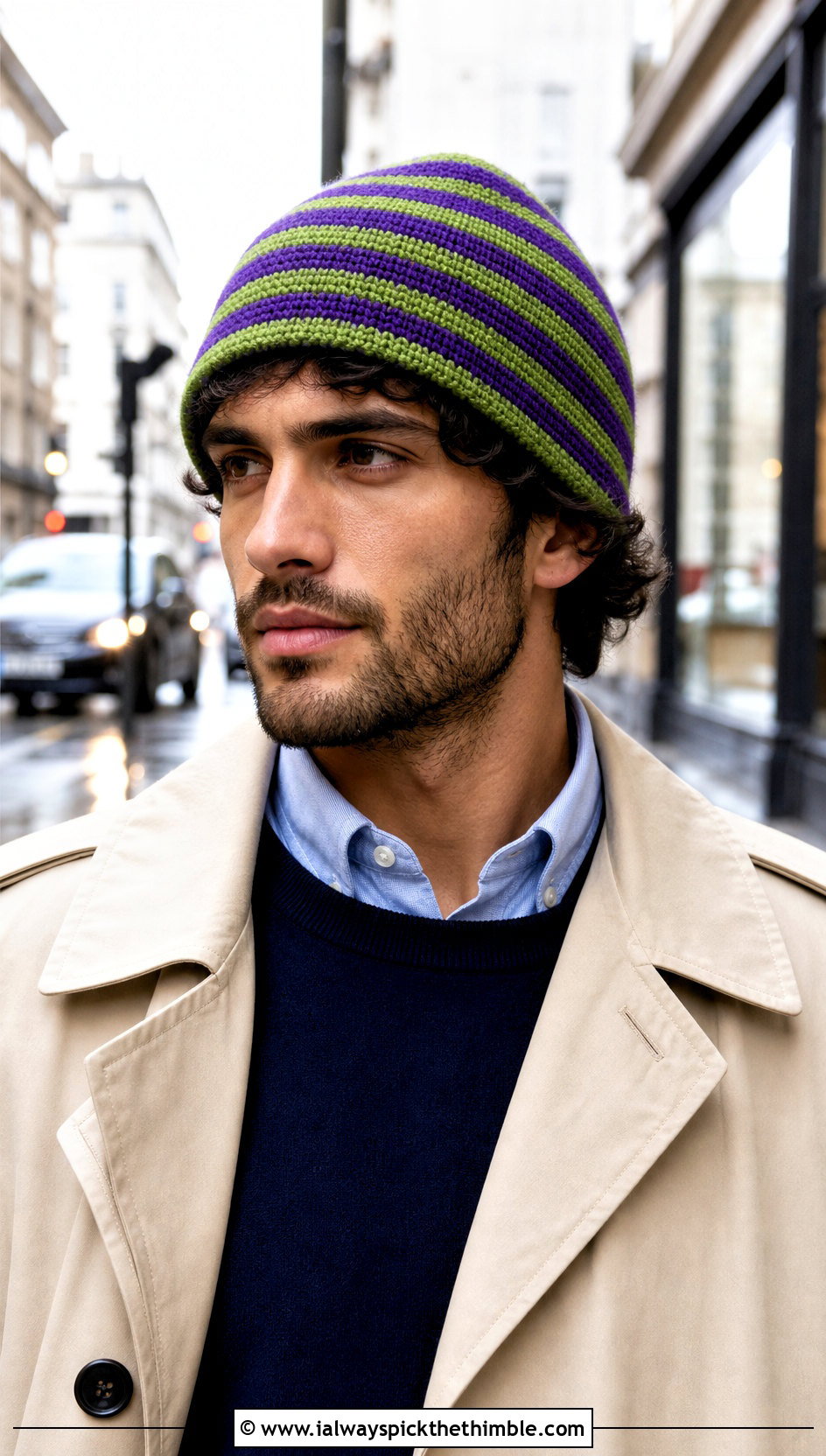 Reversible Striped Crochet Beanie With Trench Coat - 15 mens striped crochet beanie outfit ideas