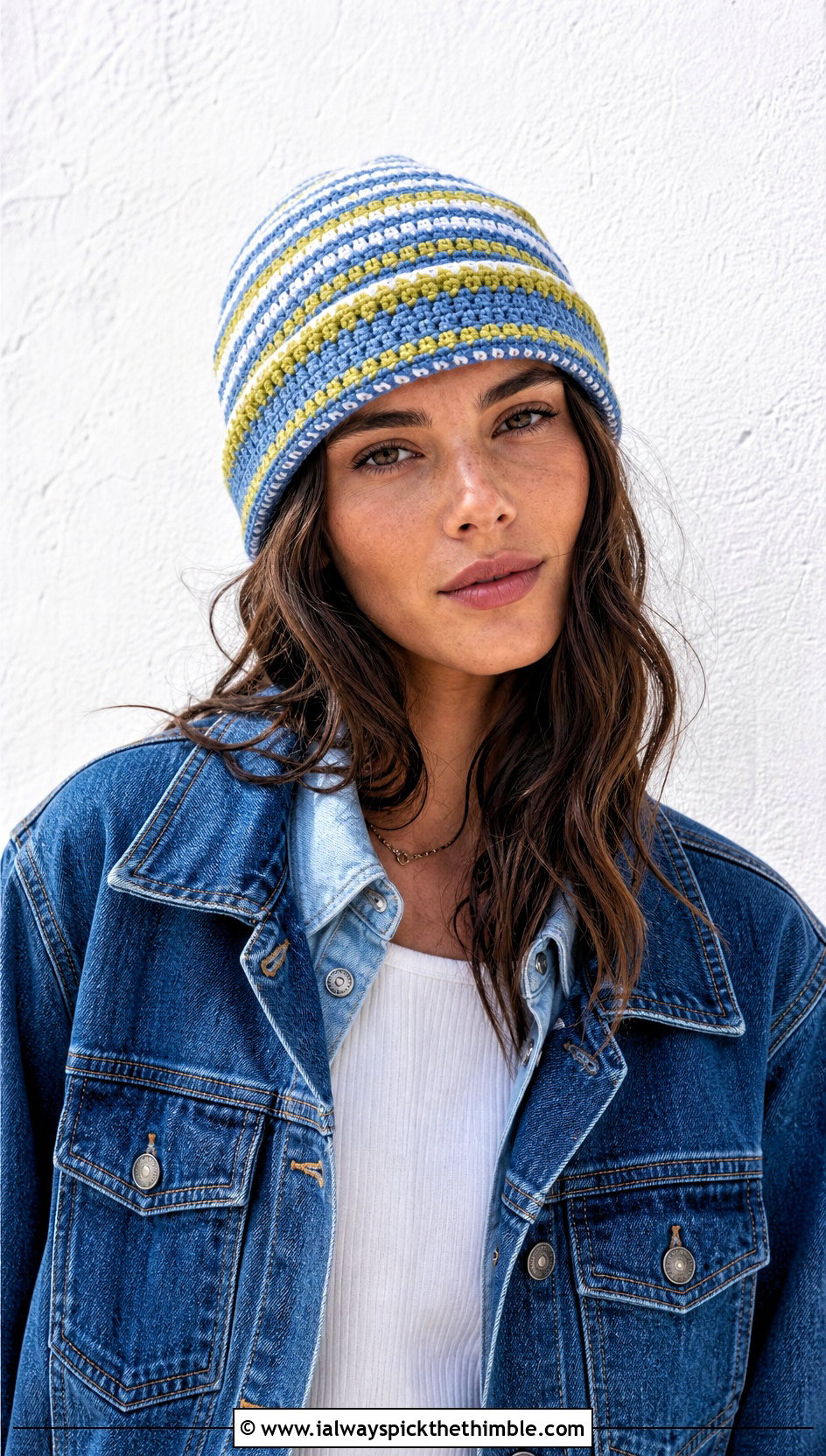 Reversible Striped Fold Over Crochet Beanie With Double Denim - 15 Reversible Crochet Beanie outfit ideas