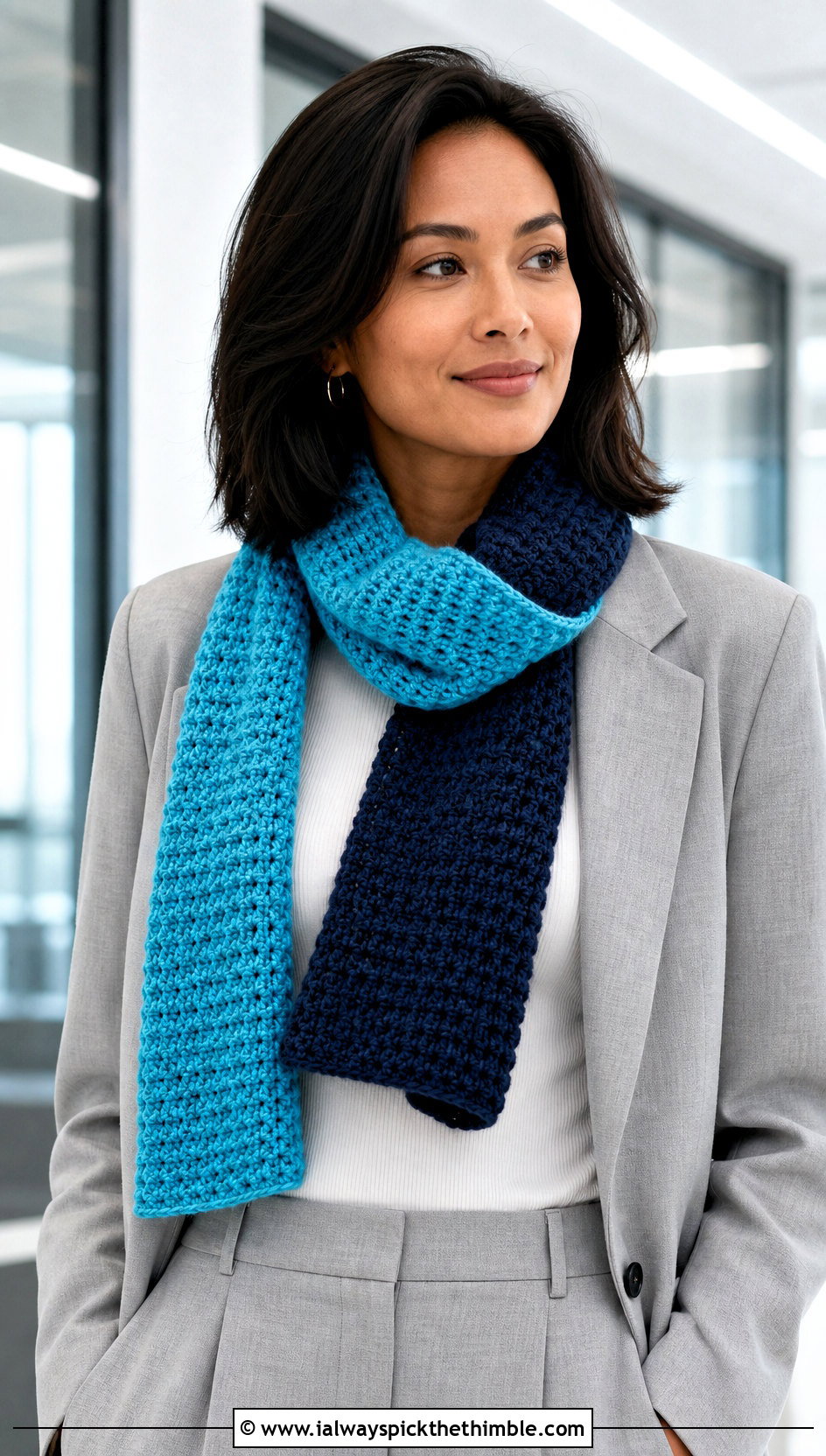 Reversible Thermal Stitch Crochet Scarf With Tailored Suit - 20 Thermal Stitch Crochet Scarf outfit ideas