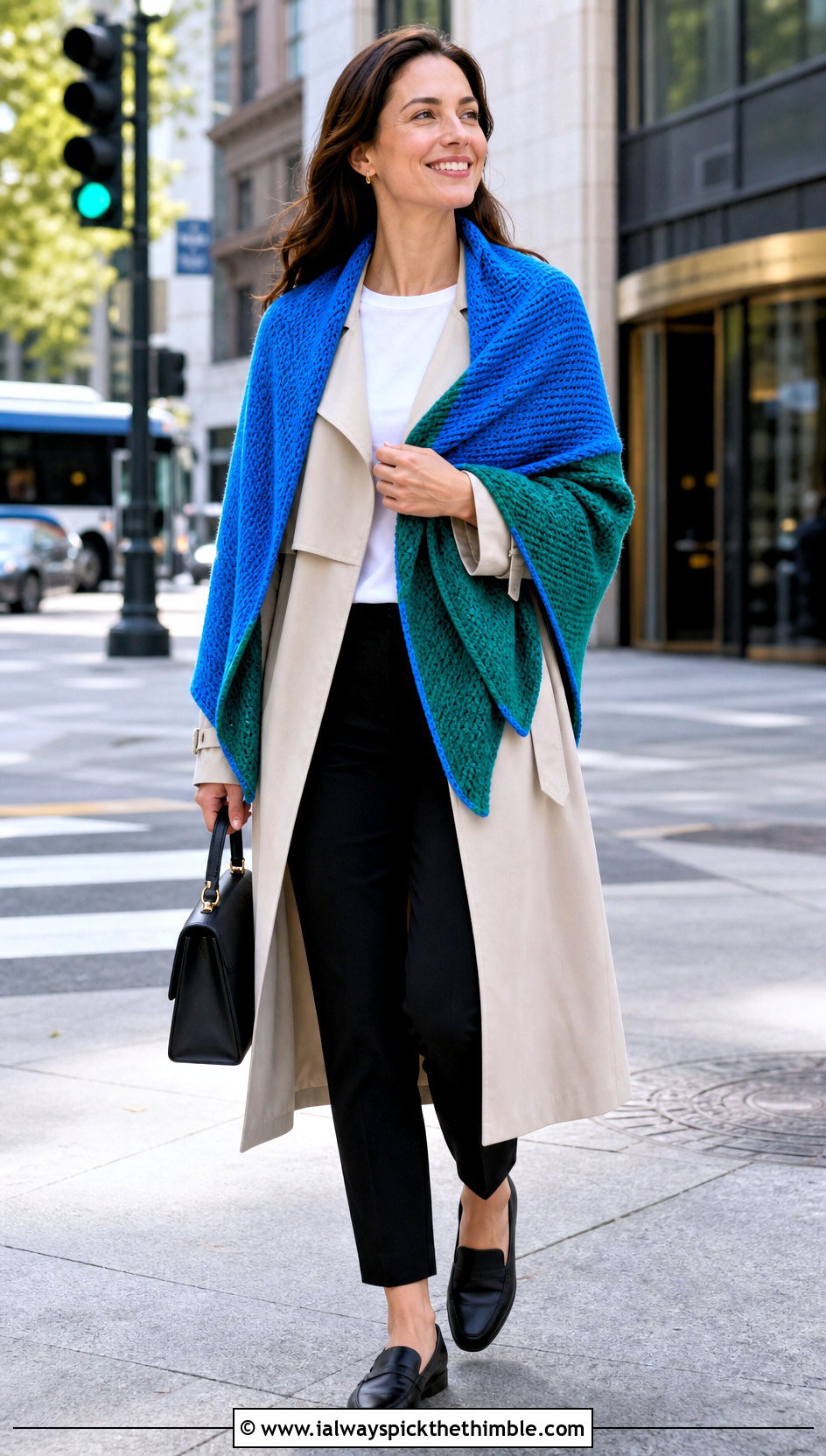 Reversible Tunisian Shawl With Trench Coat - 25 tunisian crochet shawl outfit ideas