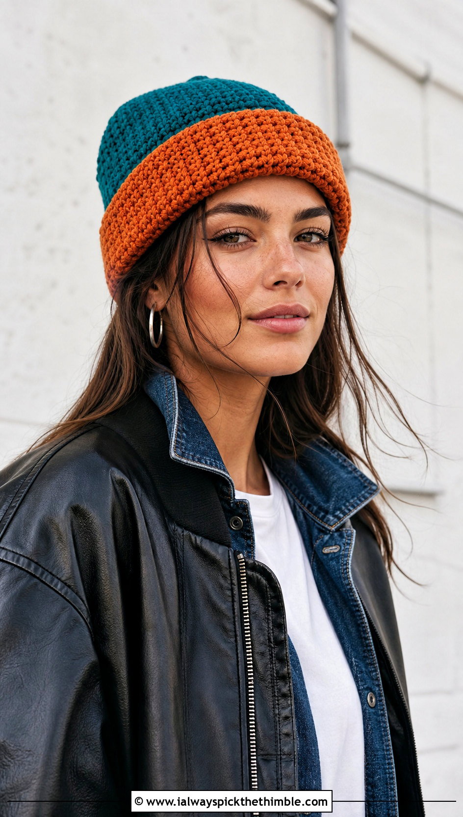Reversible Two Color Crochet Beanie With Leather Bomber - 20 two color crochet beanie outfit ideas