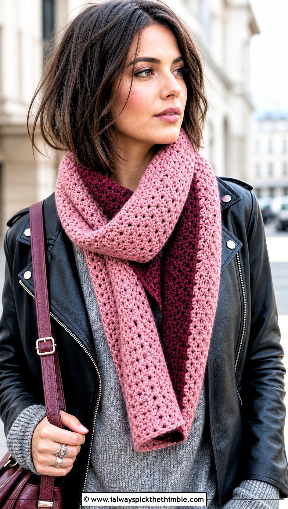 Reversible Two Color Crochet Scarf With Leather Jacket - 25 two color crochet scarf outfit ideas