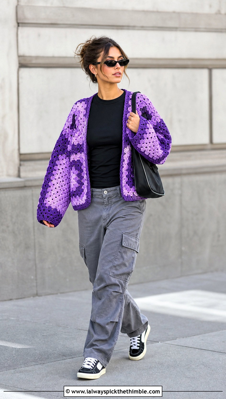 Reversible Two Square Giant Granny Square Sweater With Cargo Pants - 20 giant granny square sweater outfit ideas