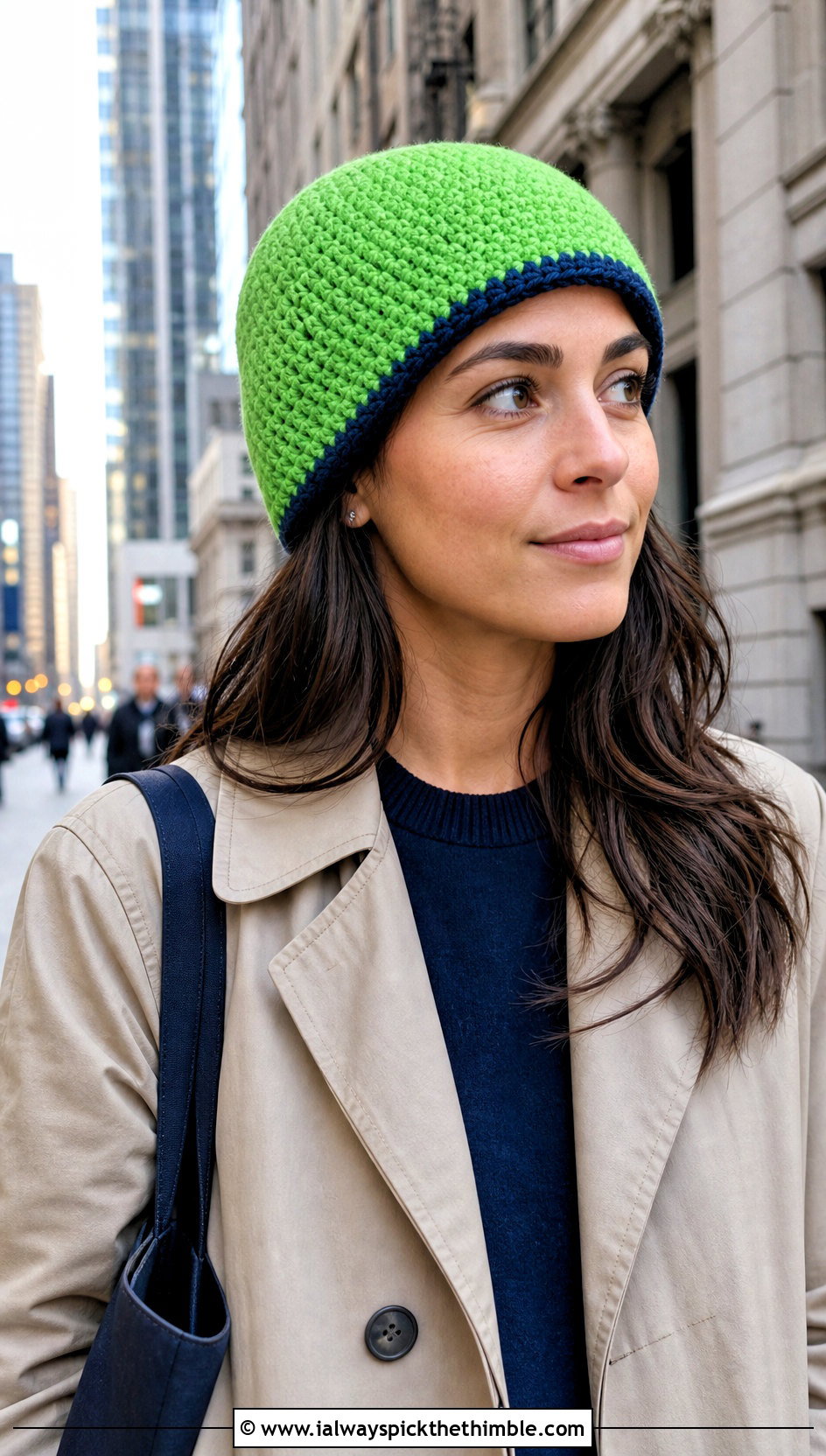 Reversible Two Tone Crochet Beanie With Trench Coat - 15 two tone crochet beanie outfit ideas