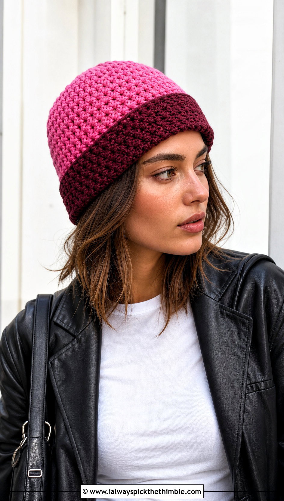 Reversible Two Tone Fisherman Crochet Beanie With Leather Jacket - 15 Reversible Crochet Beanie outfit ideas